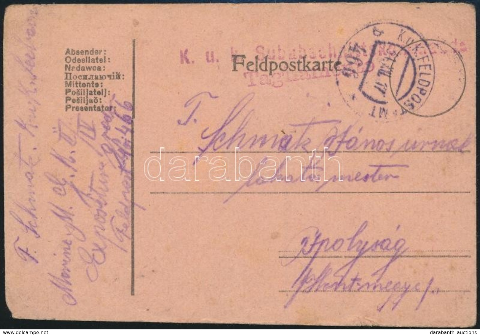 1917 Tábori Posta Levelezőlap / Field Postcard 'K.u.k. Subabschnittskommando Tagliamento' + 'FP 466 B' - Sonstige & Ohne Zuordnung