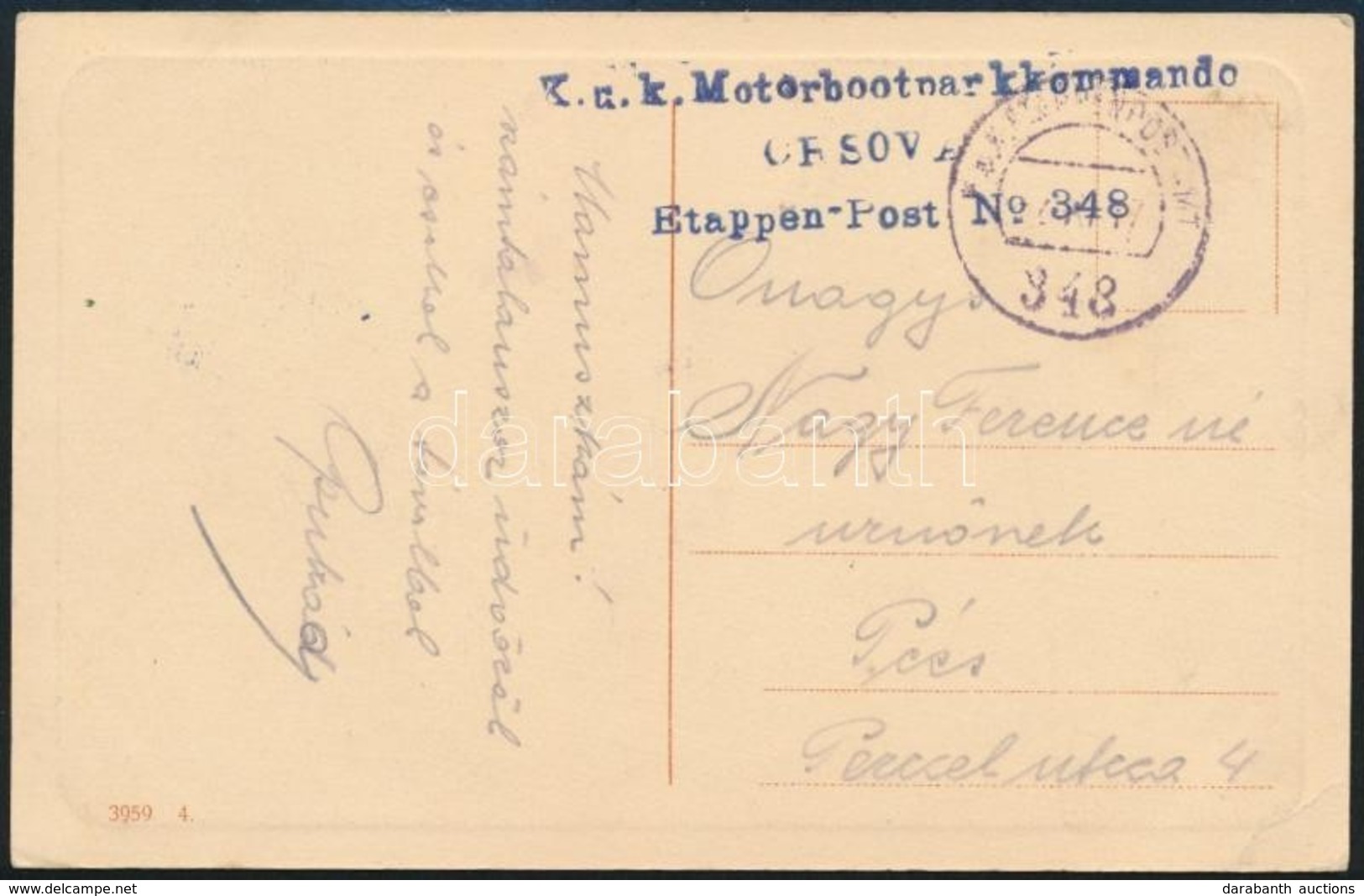 1917 Tábori Posta Képeslap / Field Postcard 'K.u.K. Motorbootparkkommando / ORSOVA / Etappen-Post No. 348' - Sonstige & Ohne Zuordnung