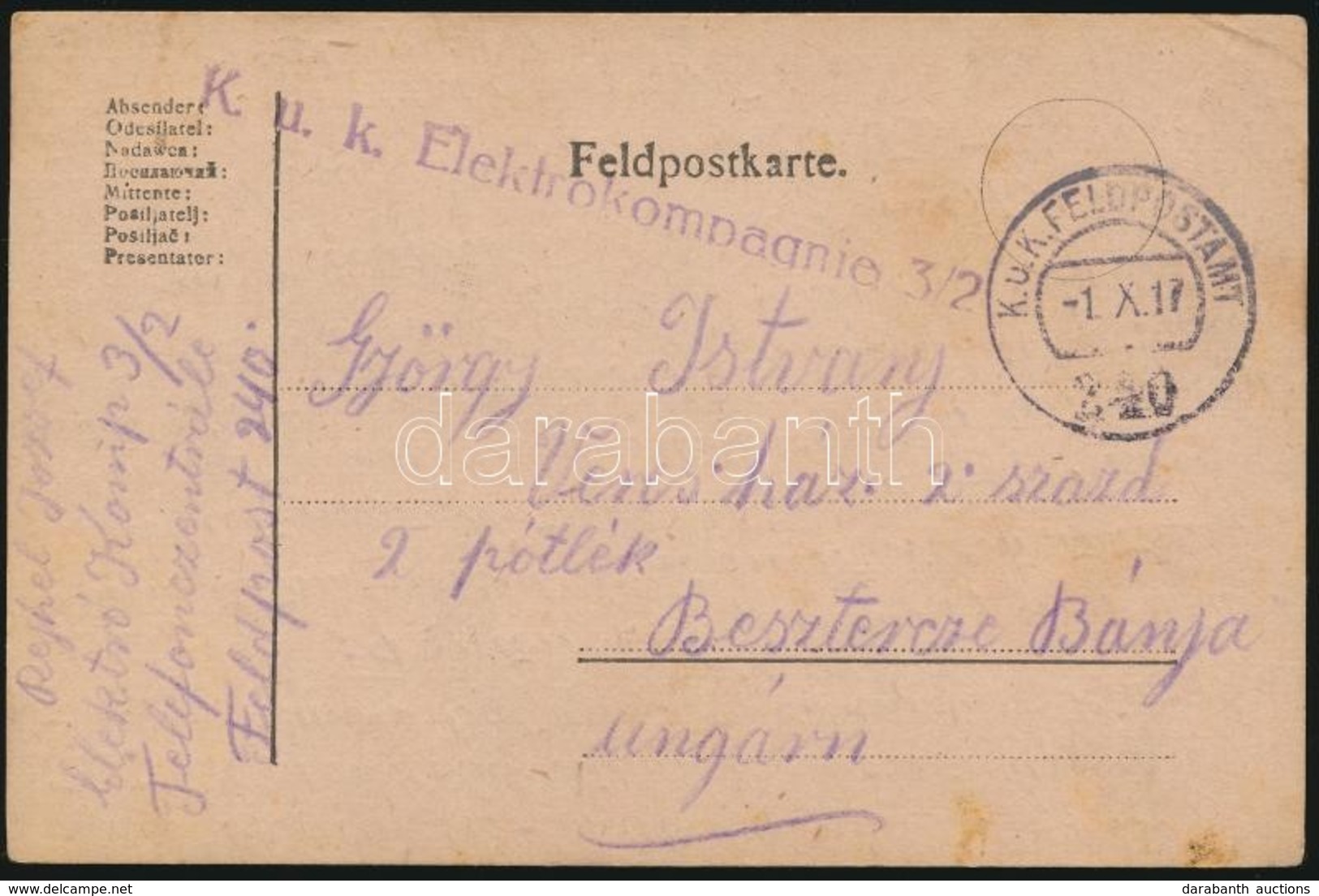 1917 Tábori Posta Levelezőlap / Field Postcard 'K.u.K. Elektrokompagnie 3/2' + 'FP 240' - Sonstige & Ohne Zuordnung