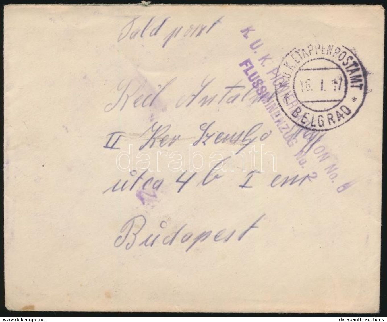 1917 Tábori Posta Boríték / Field Cover 'K.U.K. PIONIERBATAILLON No.5. FLUSSMINENZUG No.2.' + 'EP BELGRAD F' - Sonstige & Ohne Zuordnung