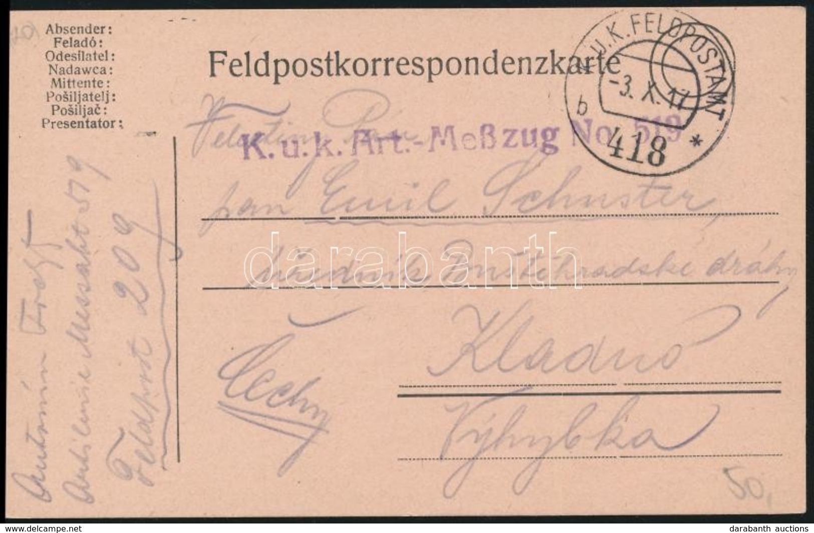 1917 Tábori Posta Levelezőlap / Field Postcard 'K.u.k. Art.-MEßzug No.519' + 'FP 418 B' - Autres & Non Classés
