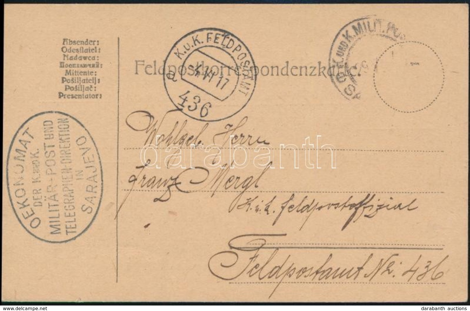 1917 Tábori Posta Levelezőlap / Field Postcard 'OEKONOMAT DER K. Und. K. MILITÄR-POST UND TELEGRAPHEN-DIREKTION IN SARAJ - Altri & Non Classificati