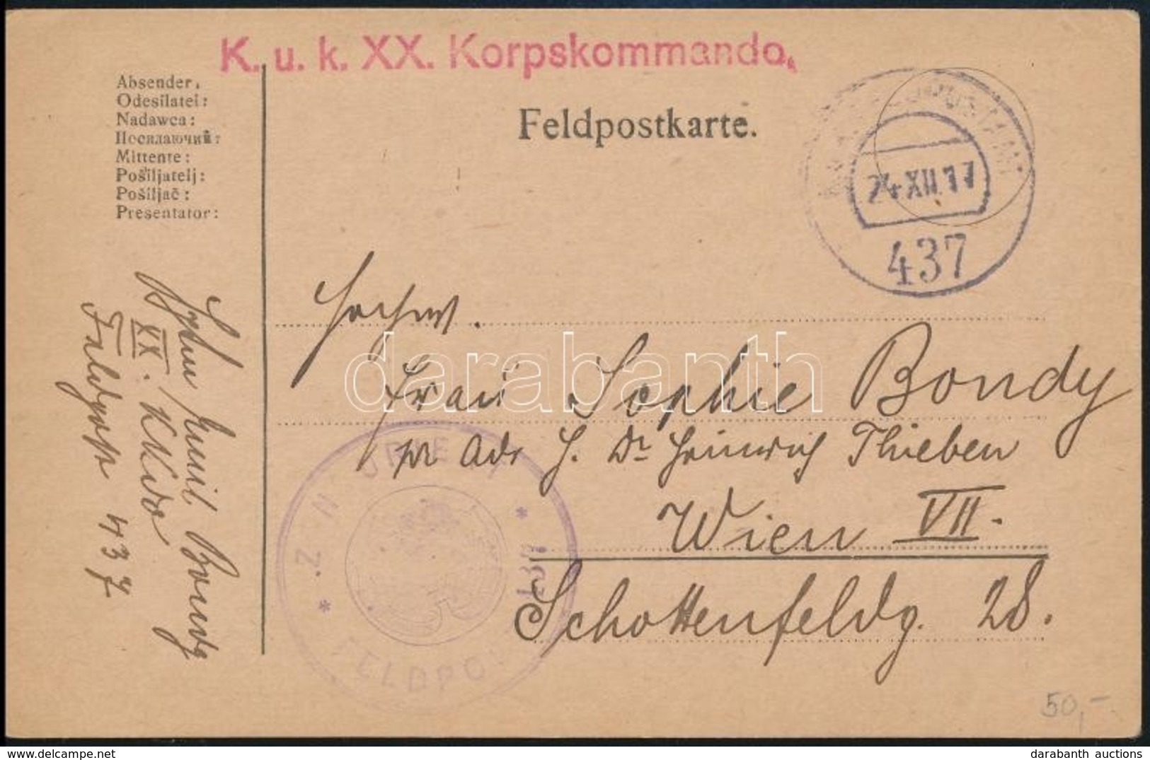 1917 Tábori Posta Levelezőlap / Field Postcard 'K.u.k. XX. Korpskommando' + 'FP 437' - Autres & Non Classés
