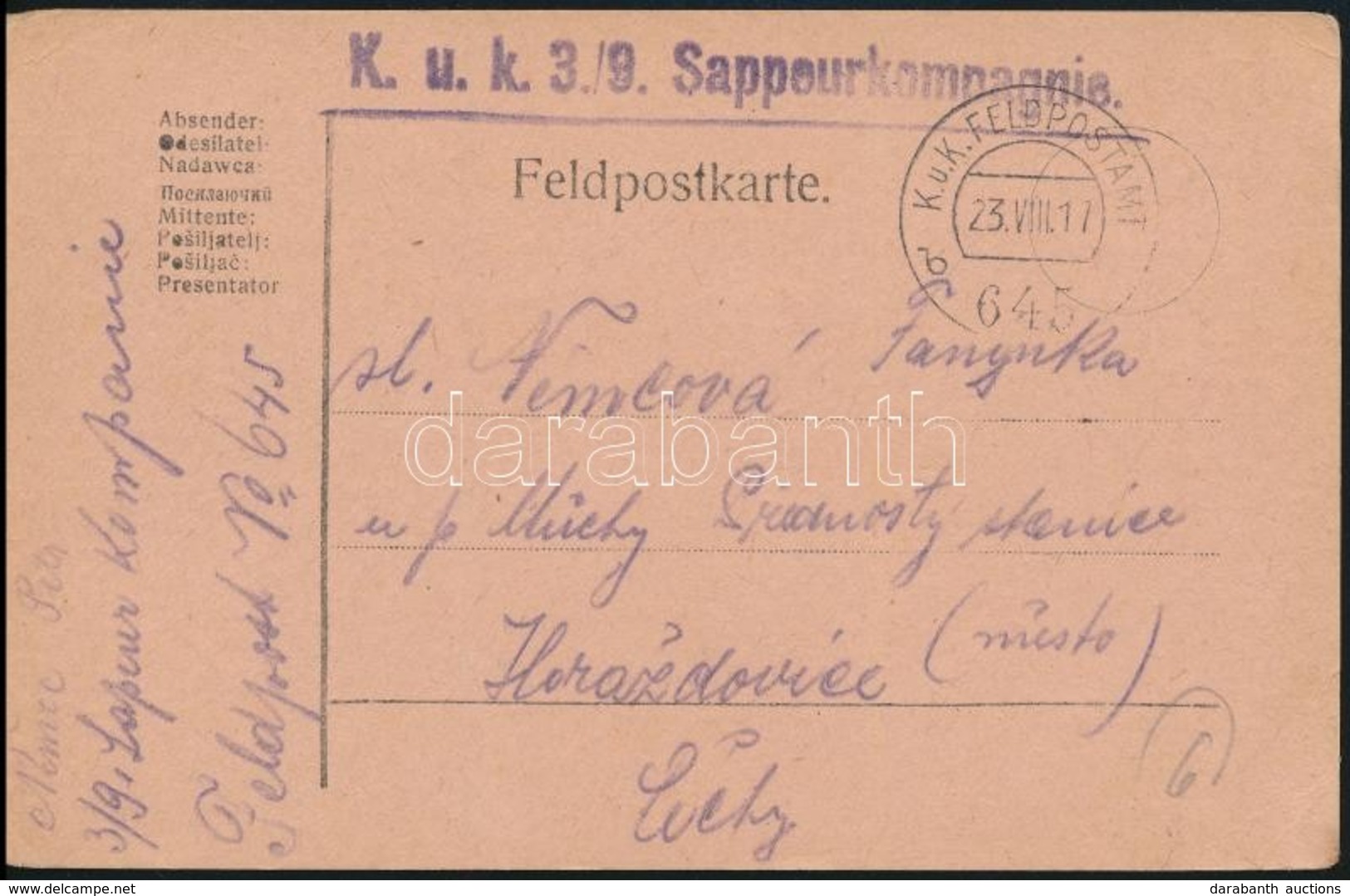 1917 Tábori Posta Levelezőlap / Field Postcard 'K.u.k. 3/9 Sappeurkompagnie' + 'FP 645 B' - Autres & Non Classés