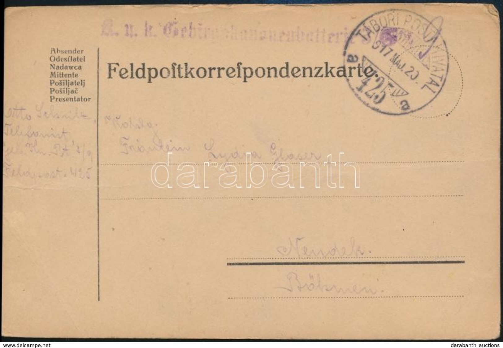1917 Tábori Posta Levelezőlap / Field Postcard 'K.u.k. Gebirgskanonenbatterie 3/9' + 'TP 425 A' - Autres & Non Classés