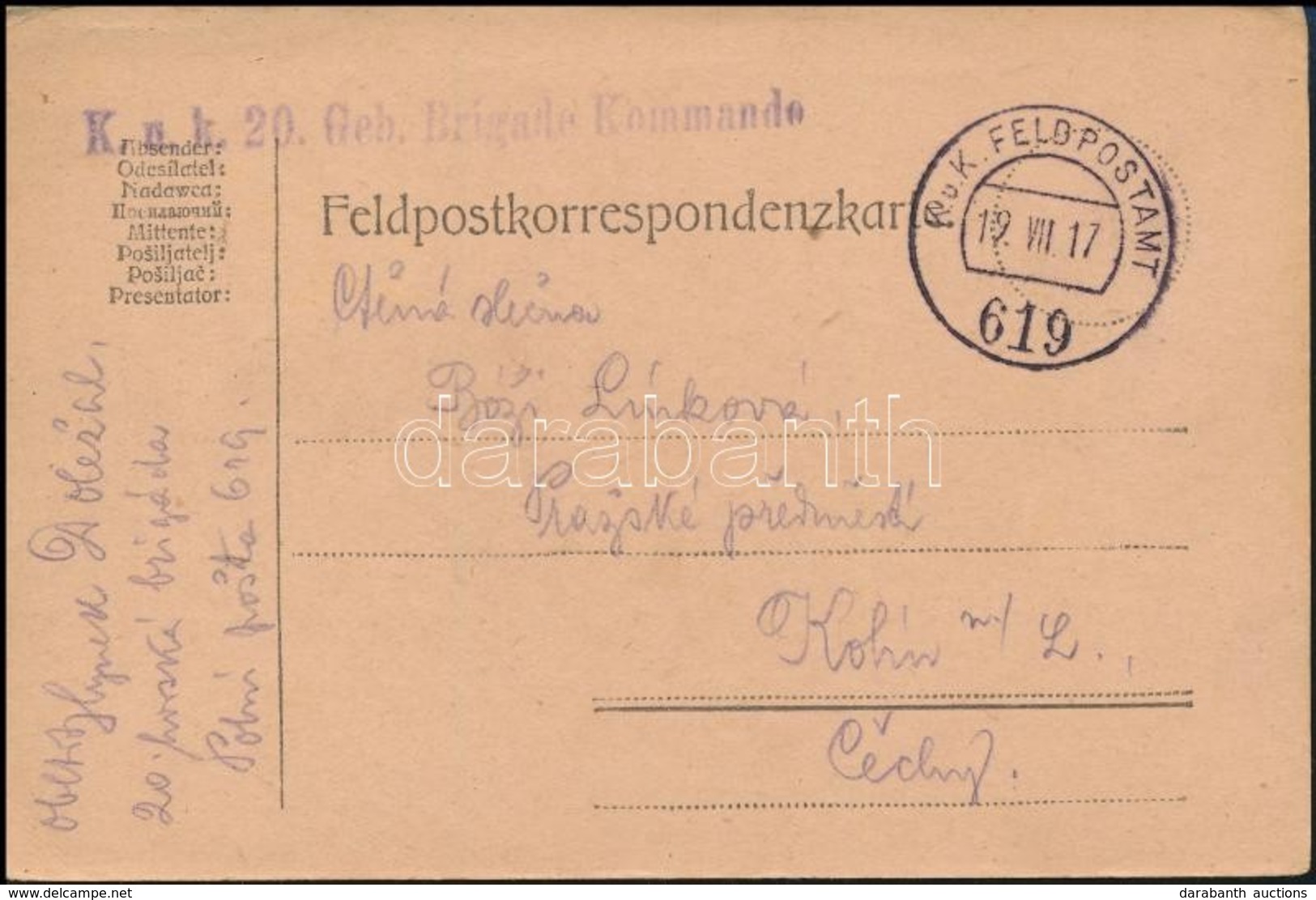 1917 Tábori Posta Levelezőlap / Field Postcard 'K.u.k. 20. Geb. Brigade Kommando' + 'FP 619' - Autres & Non Classés