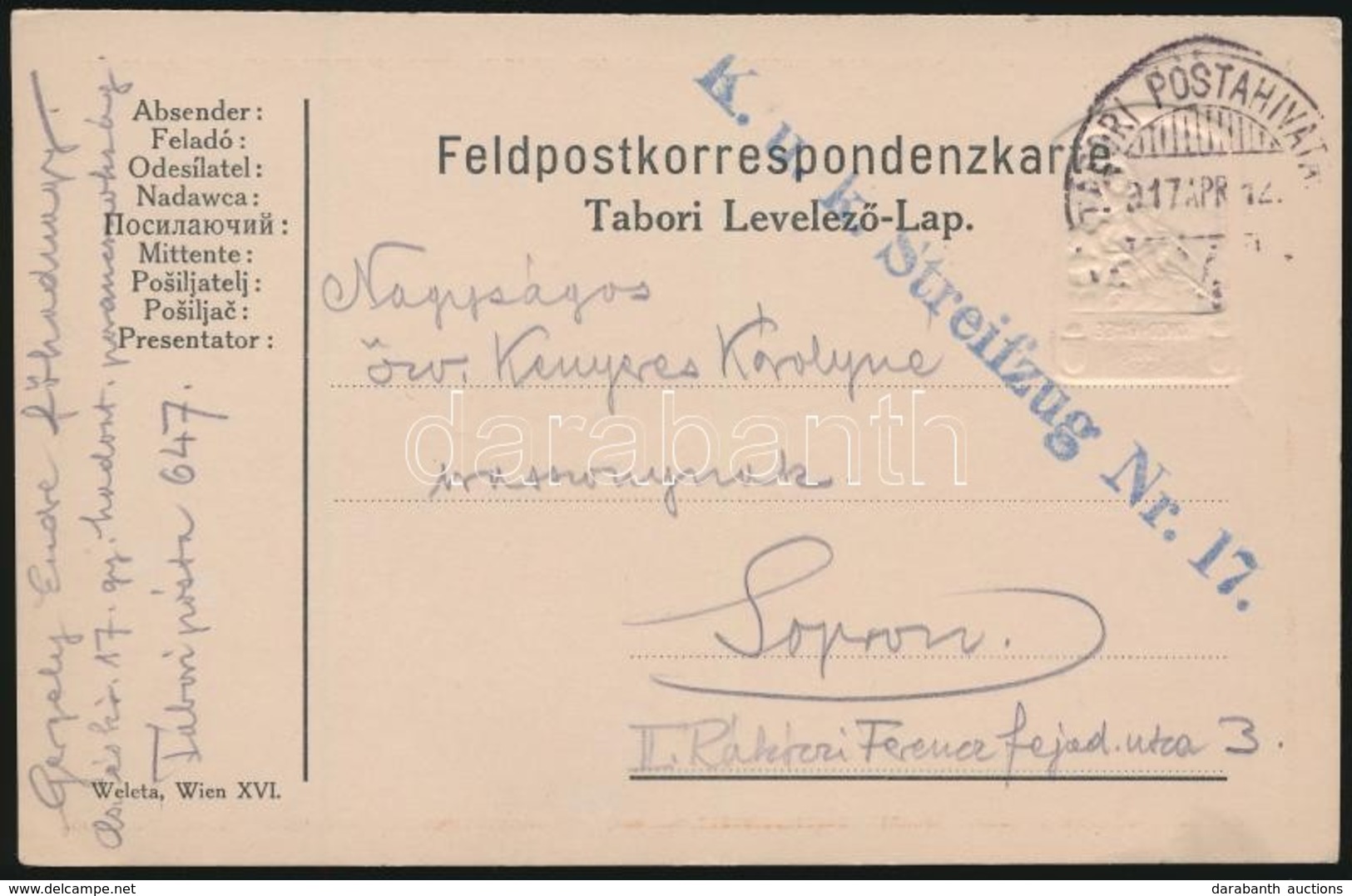 1917 Tábori Posta Levelezőlap Az Isonzói Hadsereg Dombornyomott Sapkajelvényével / Field Postcard 'K.u.k. Streifzug Nr.1 - Autres & Non Classés