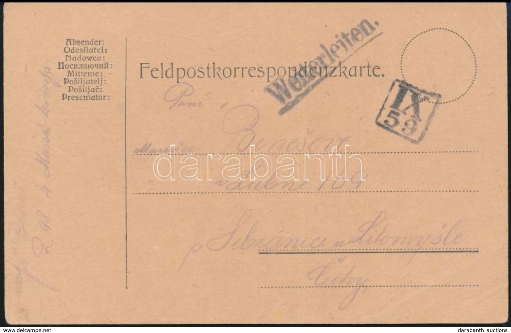 ~1918 Tábori Posta Levelezőlap / Field Postcard 'Weiterleiten' + 'IX 59' - Altri & Non Classificati