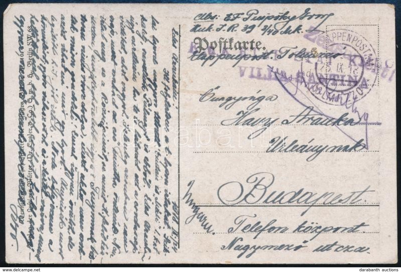 1918 Tábori Posta Képeslap / Field Postcard 'K.u.k. ETAP STAT KMDO VILLA SANTINA' + 'EP TOLMEZZO D' - Sonstige & Ohne Zuordnung