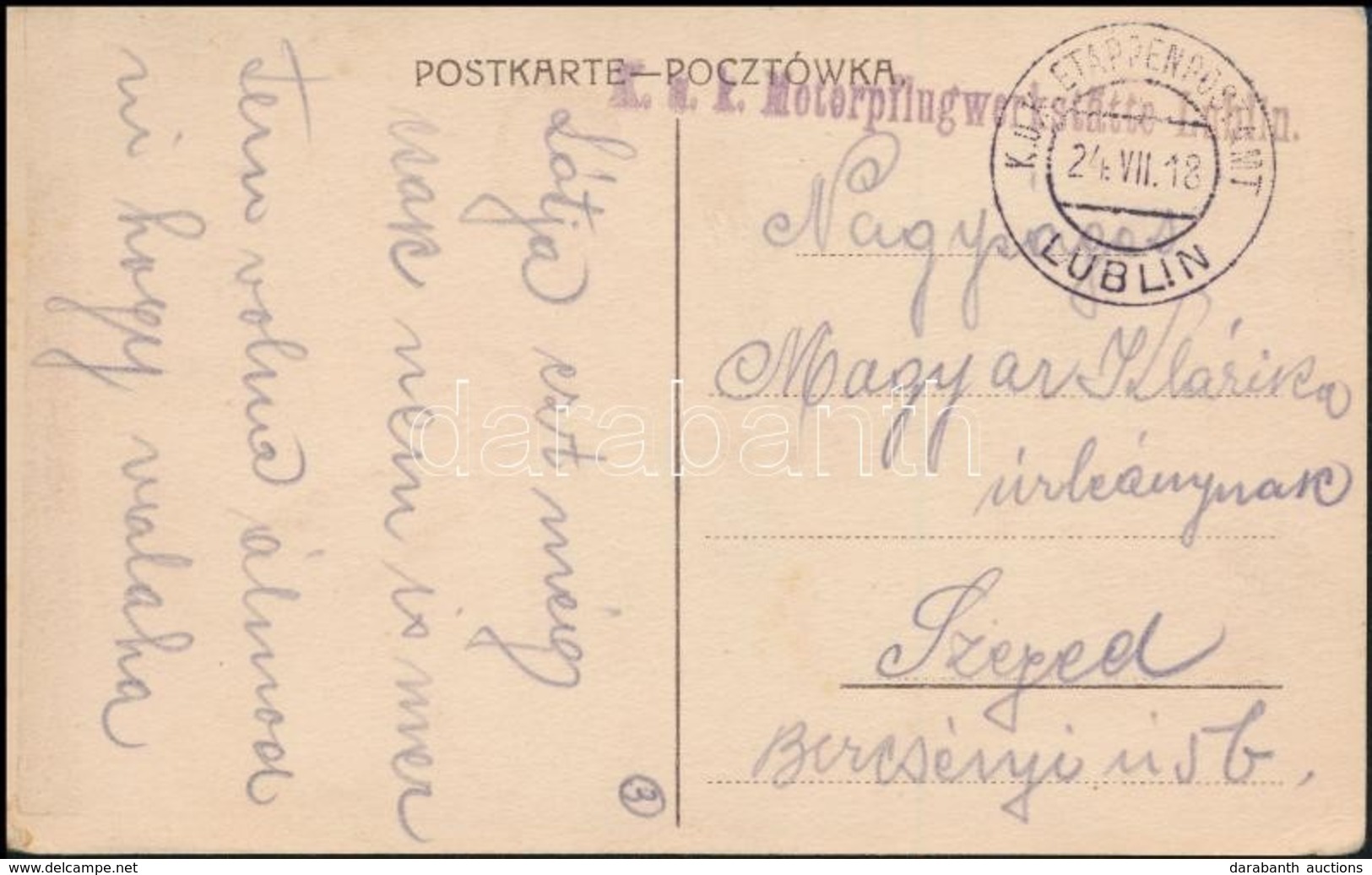 1918 Tábori Posta Képeslap / Field Postcard  'K.u.k. Motorpflugwerkstätte Lublin' + 'EP LUBLIN' - Sonstige & Ohne Zuordnung