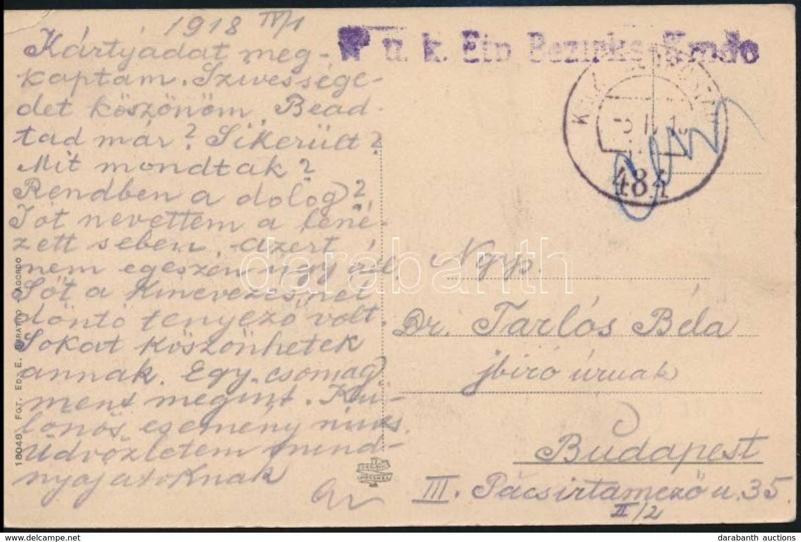 1918 Olasz Katonai Képeslap Tábori Postán Küldve / Italian Military Postcard Sent By Field Post 'K.u.k. Etn. Bezirks. Kn - Sonstige & Ohne Zuordnung