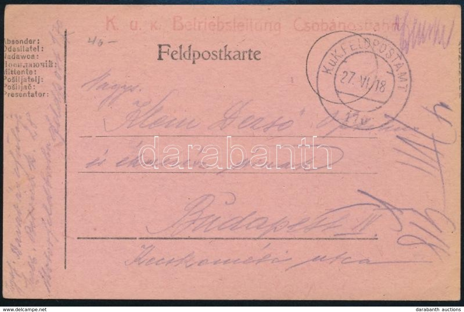 1918 Tábori Posta Levelezőlap / Field Postcard 'K.u.k. Betriebsteilung Csobánosbahn' + 'FP 170' - Sonstige & Ohne Zuordnung