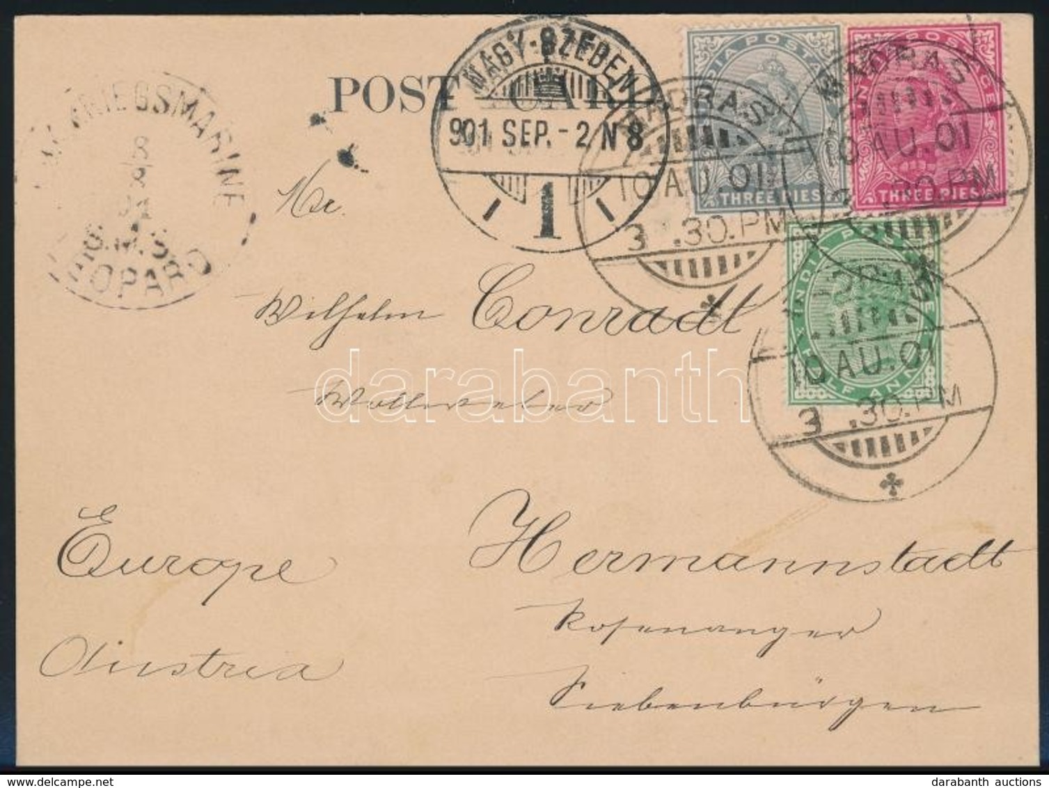 1901 Az Indiai Madrasból Küldött Képeslap Nagyszebenbe Haditengerészeti Bélyegzéssel / Postcard From India To Nagyszeben - Sonstige & Ohne Zuordnung