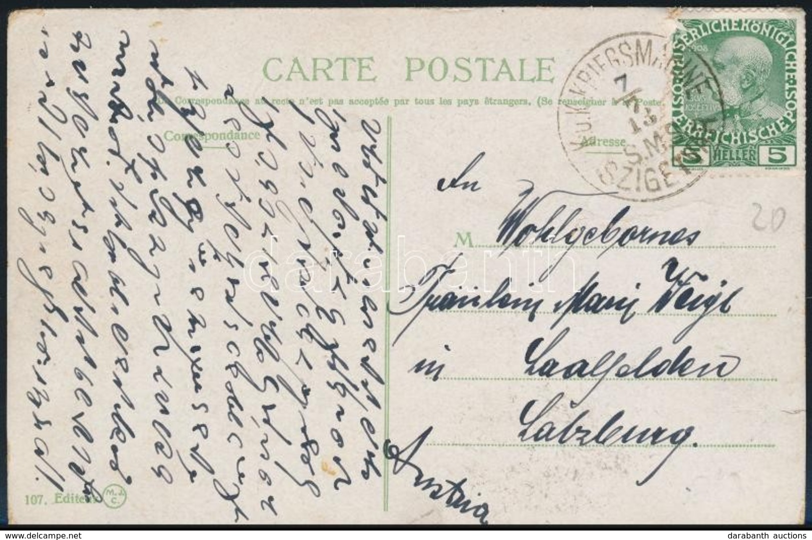 1913 Török Képeslap 5h Bélyeggel Haditengerészeti Bélyegzéssel Ausztriába / Postcard With 5h Stamp To Austria 'S.M.S. SZ - Altri & Non Classificati