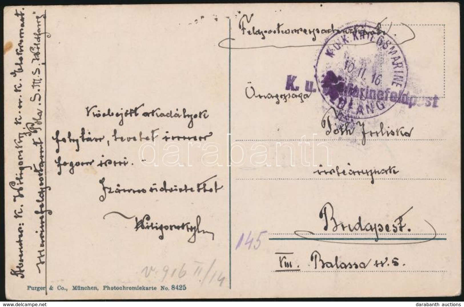 1916 Tábori Posta Képeslap Romboló Hajóról Küldve (Huszár-osztály) / Field Postcard 'S.M.S. Wildfang' - Sonstige & Ohne Zuordnung