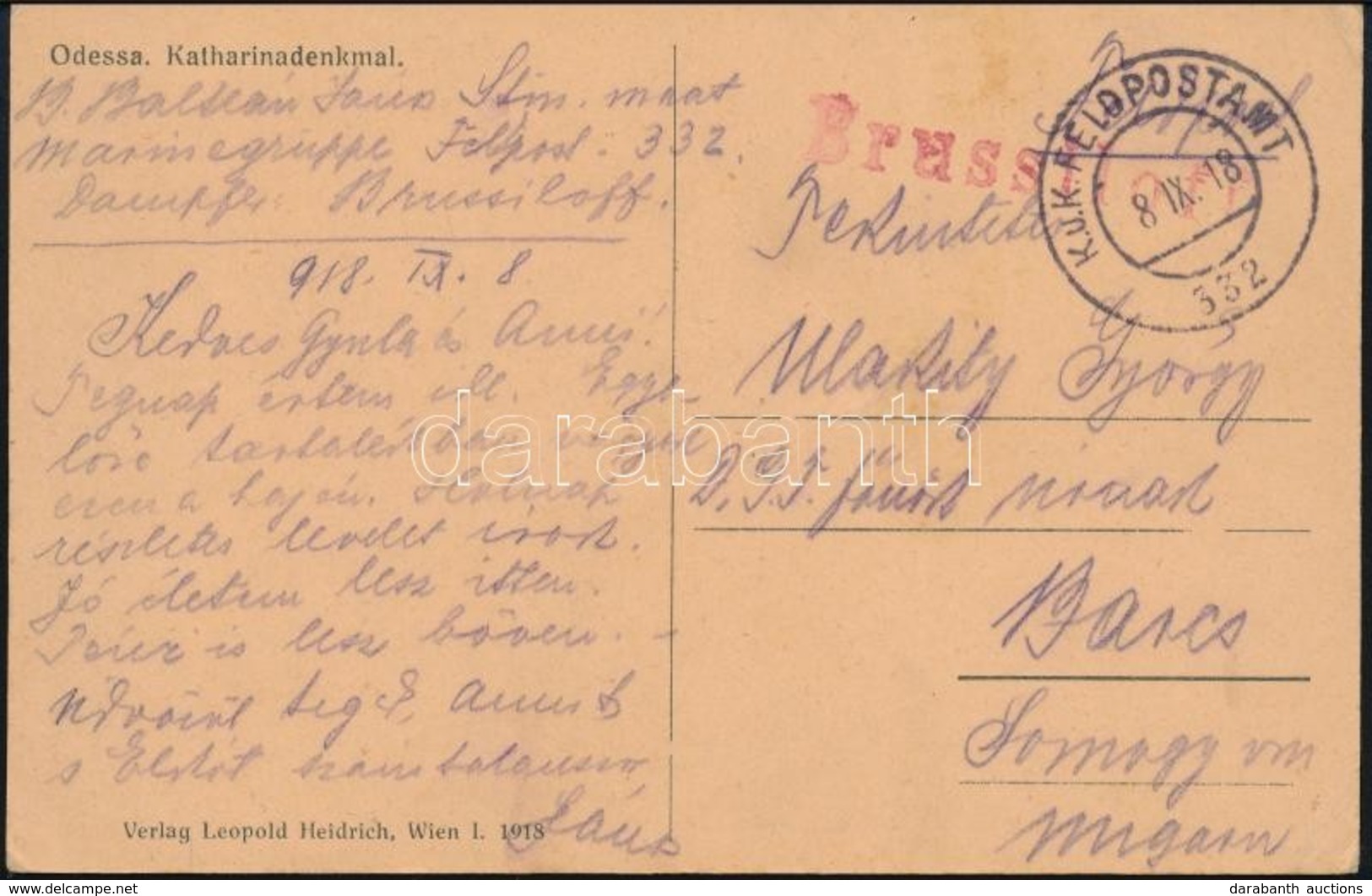 1917 Tábori Posta Képeslap Gőzhajóról Küldve / Field Postcard 'Brussiloff' + 'FP 332' - Autres & Non Classés