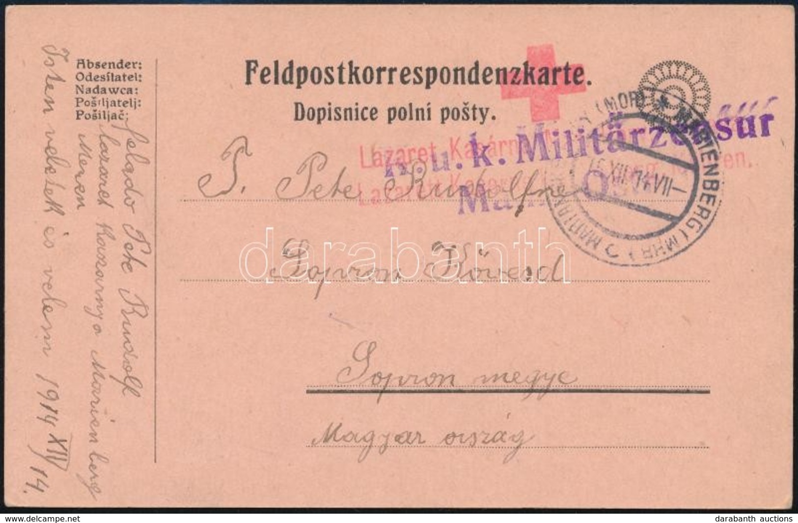 1914 Tábori Posta Levelezőlap Vöröskeresztes Bélyegzéssel / Field Postcard With Red Cross Cancellation 'MARIENBERG' - Autres & Non Classés