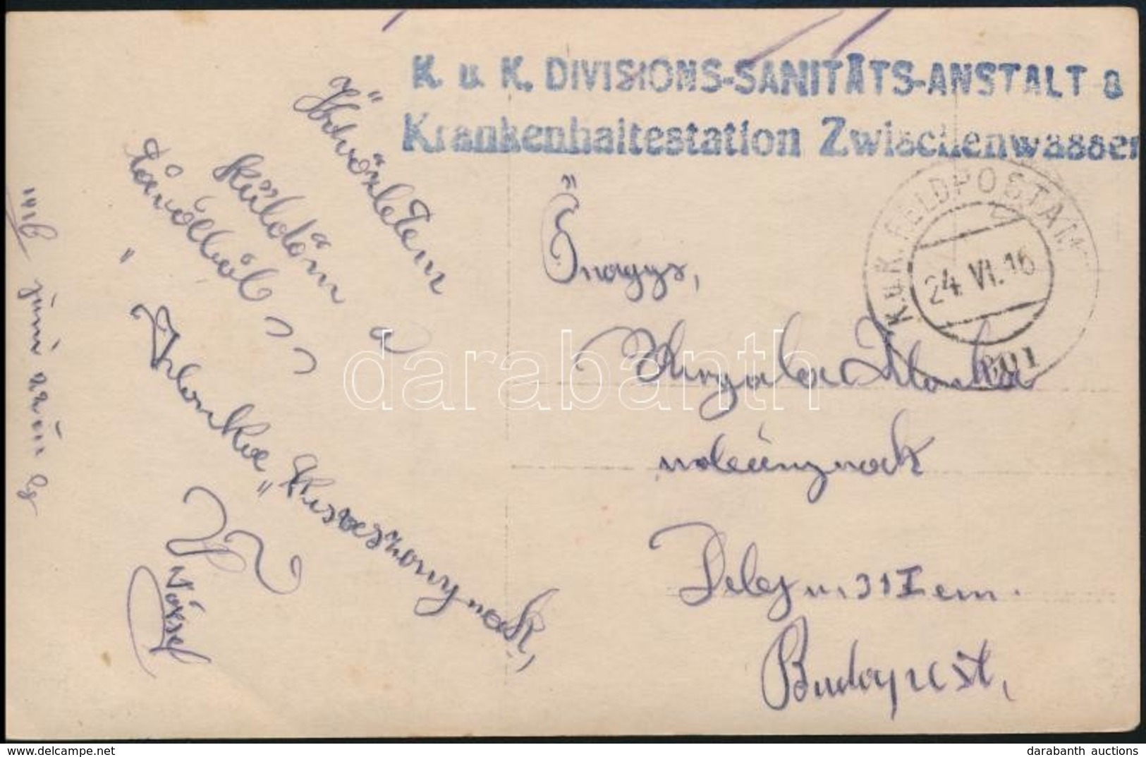 1916 Tábori Posta Képeslap / Field Postcard 'K.u.K. DIVISIONS-SANITÄTS-ANSTALT Krankenhaltestation Zwischenwasser' - Autres & Non Classés