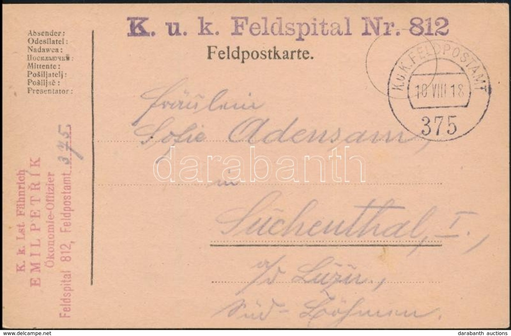 1918 Tábori Posta Levelezőlap / Field Postcard 'K.u.k. Feldspital Nr.812' + 'FP 375' - Altri & Non Classificati