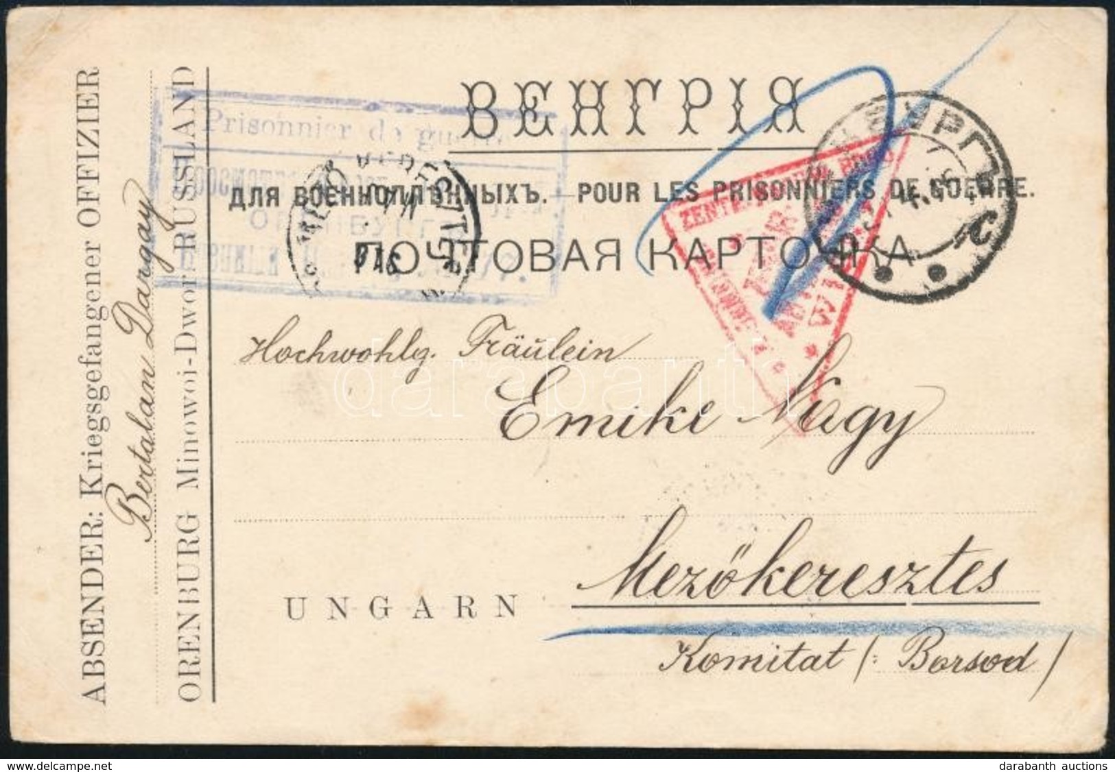 1916 Orosz Hadifogságból Küldött Levelezőlap Orosz és Bécsi Cenzúrával / P.O.W. Postcard From Russia With Censorship Mar - Autres & Non Classés