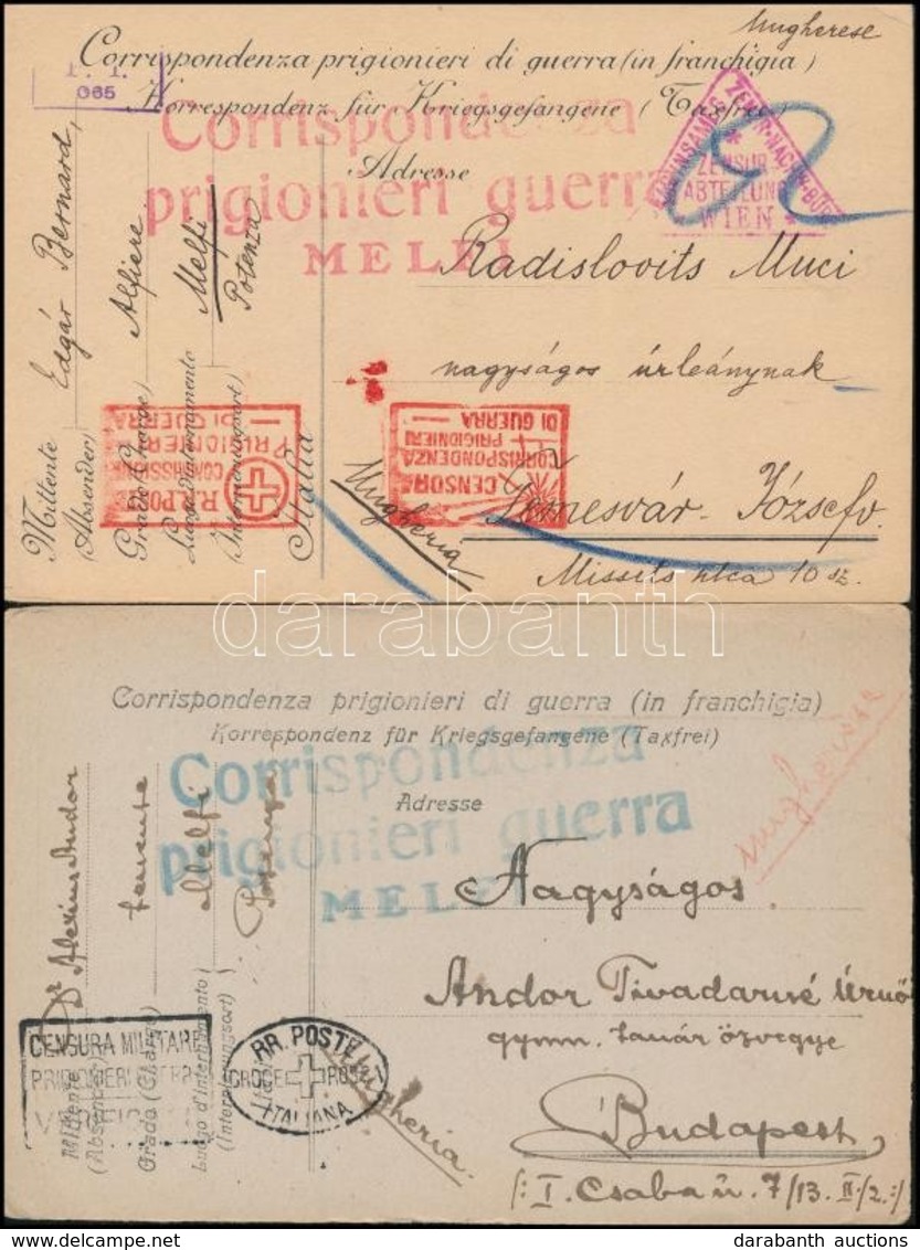 1919 2 Db Hadifogoly Levelezőlap Olaszországból / 2 POW Postcards From Italy 'Corrispondenza Prigionieri Guerra MELFI' - Sonstige & Ohne Zuordnung