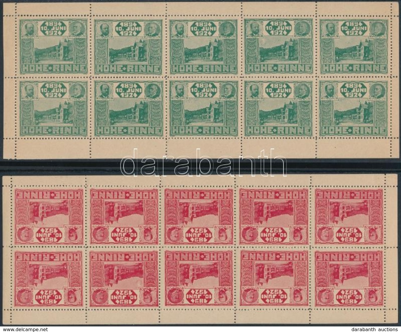 ** Hohe Rinne 1924  Fogazott Piros és Zöld 10-es Kisív.  (200.000) / Red And Green Minisheets Of 10 - Sonstige & Ohne Zuordnung