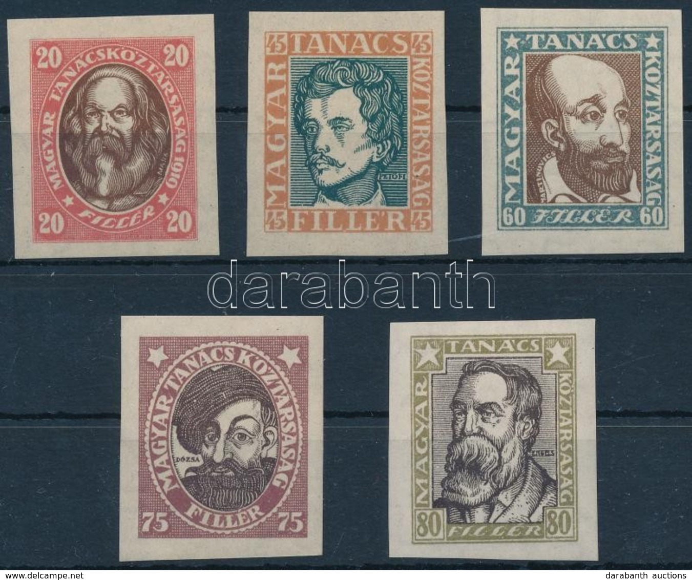 ** 1919 Magyar Tanácsköztársasági Arcképek Vágott Sor (30.000) / Mi 261-265 Imperforate Set - Sonstige & Ohne Zuordnung