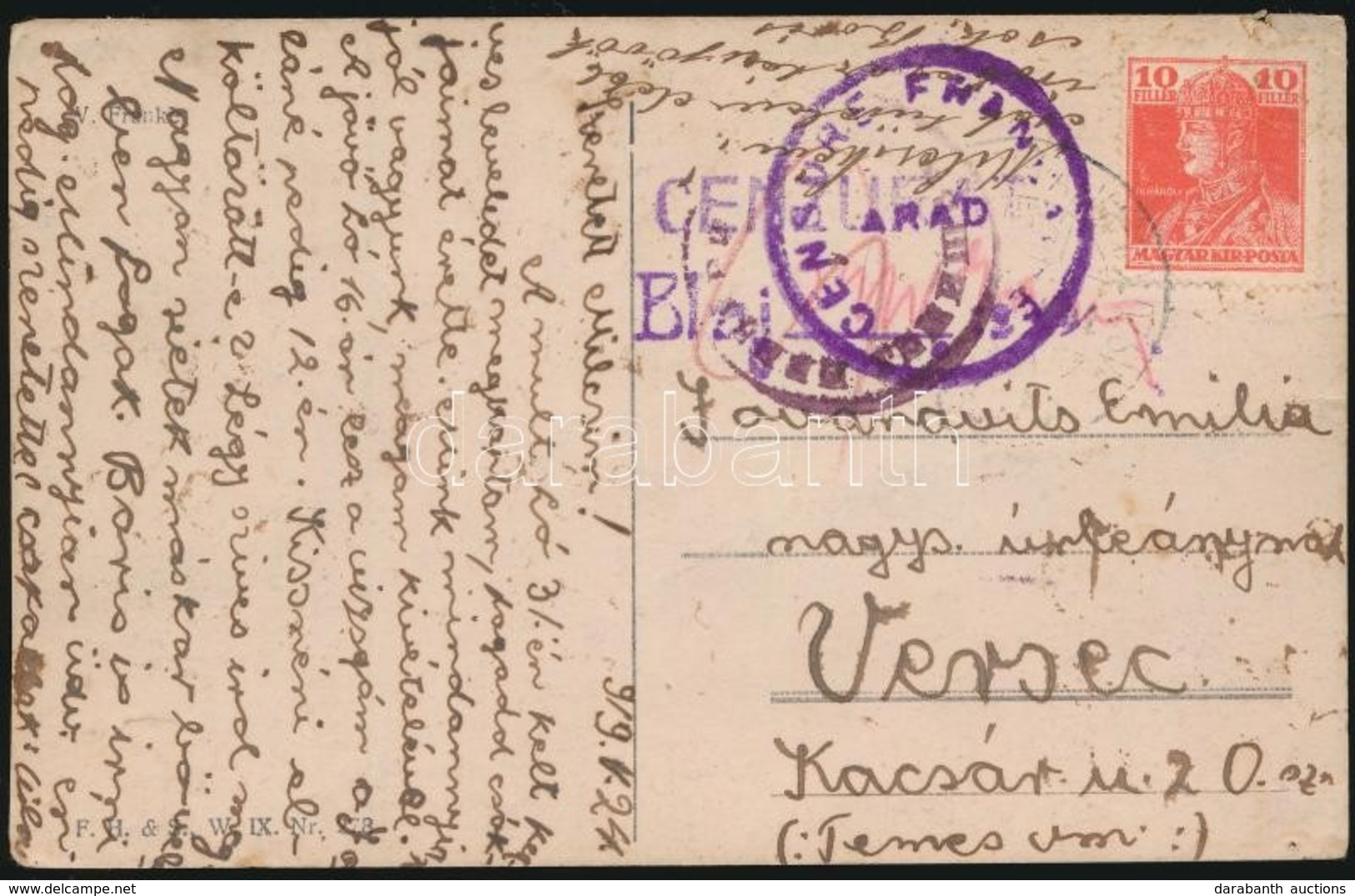 1919 Képeslap Vasúti Bélyegzéssel, Balázsfalvi Román, Temesvári Szerb és Aradi Francia Cenzúrával Versecre / Postcard Wi - Sonstige & Ohne Zuordnung