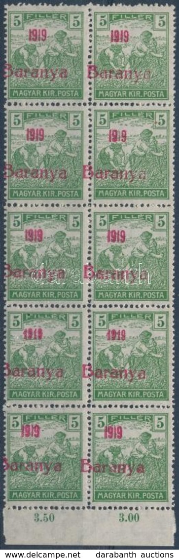 ** Baranya I. 1919 Arató 5f 10-es Tömb Groteszk és Antikva Számokkal / Mi 6 Block Of 10, Overprint Varietes. Signed: Bod - Autres & Non Classés