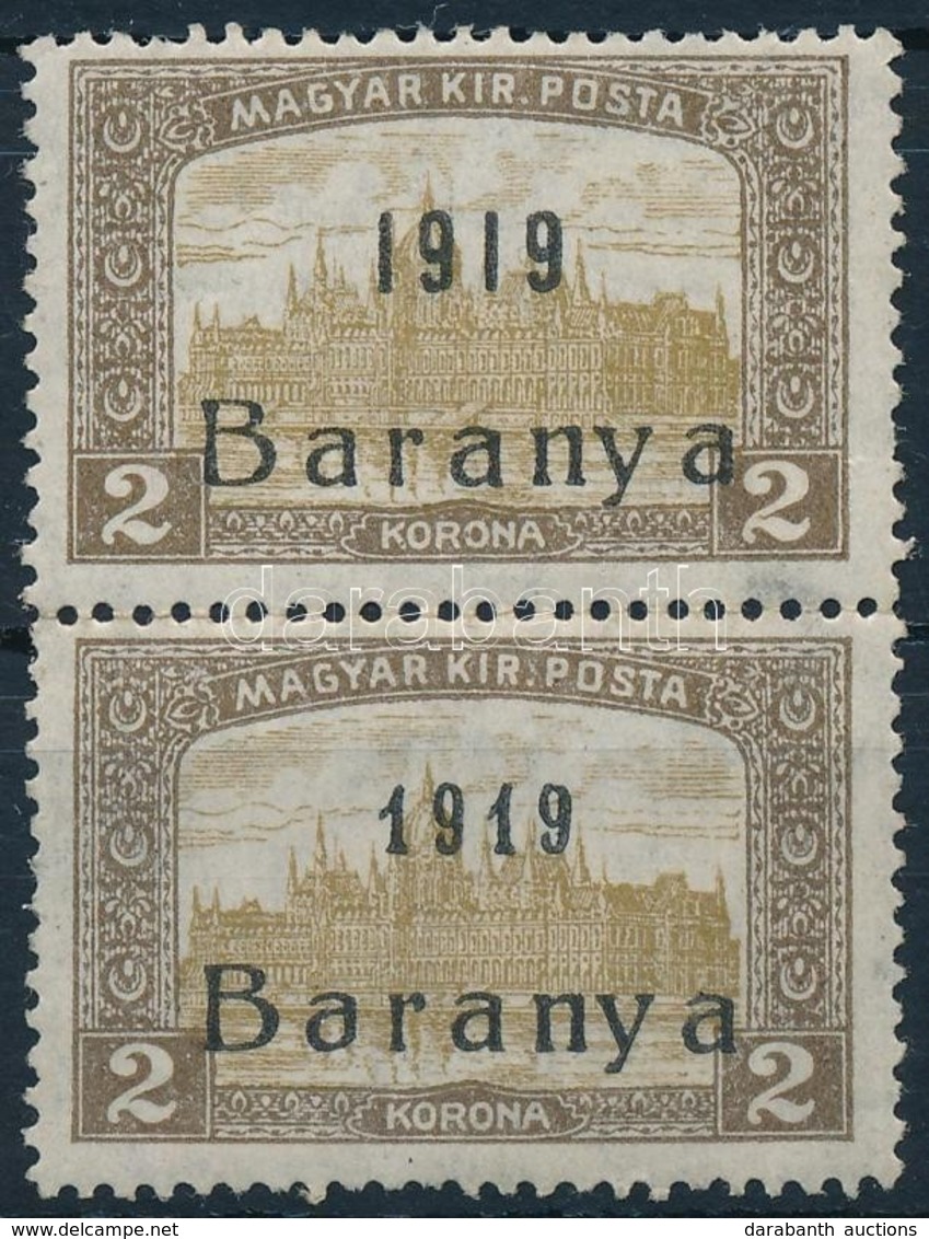 ** Baranya I. 1919 Parlament 2K Pár Groteszik és Antikva Számokkal / Mi 31 Pair, Overprint Variety. Signed: Bodor - Sonstige & Ohne Zuordnung