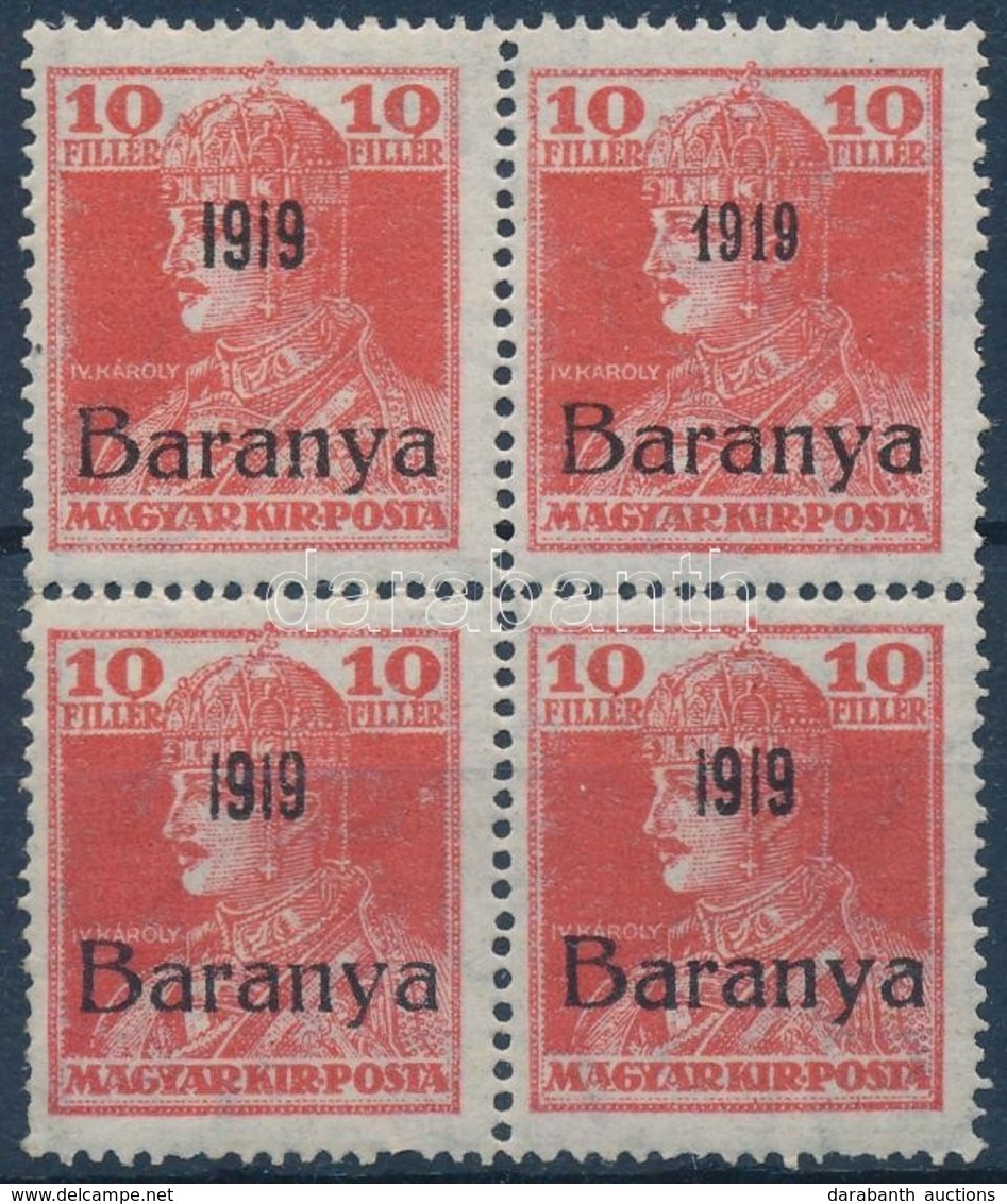 ** Baranya I. 1919 Károly 10f Négyestömb, Egy érték Antikva Számokkal / Mi 35 Block Of 4, Overprint Variety. Signed: Bod - Autres & Non Classés