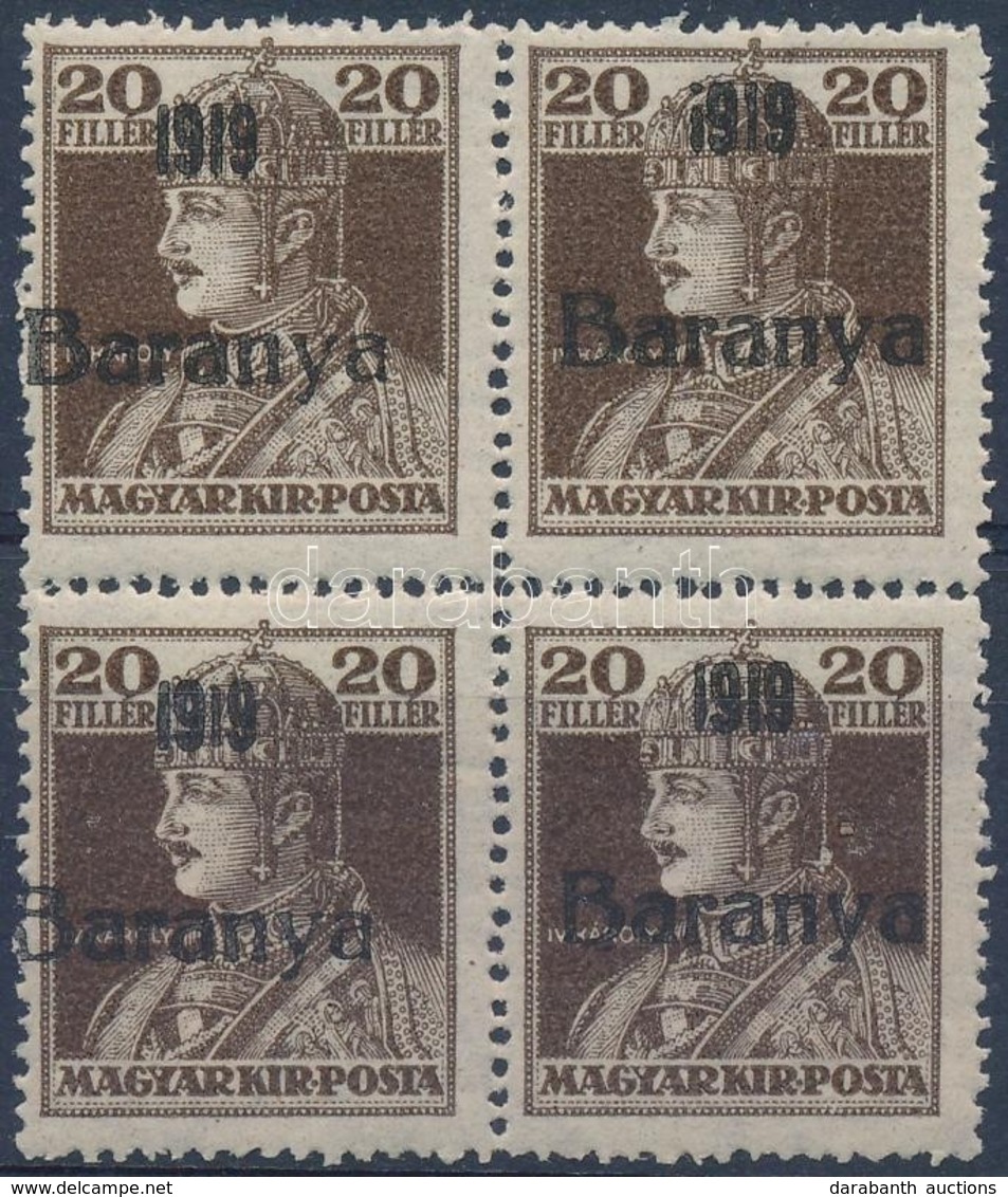 ** Baranya I. 1919 Károly 20f Négyestömb, Egy érték 'szakadt 1-es' Tévnyomattal / Mi 36 Block Of 4, Overprint Variety. S - Autres & Non Classés