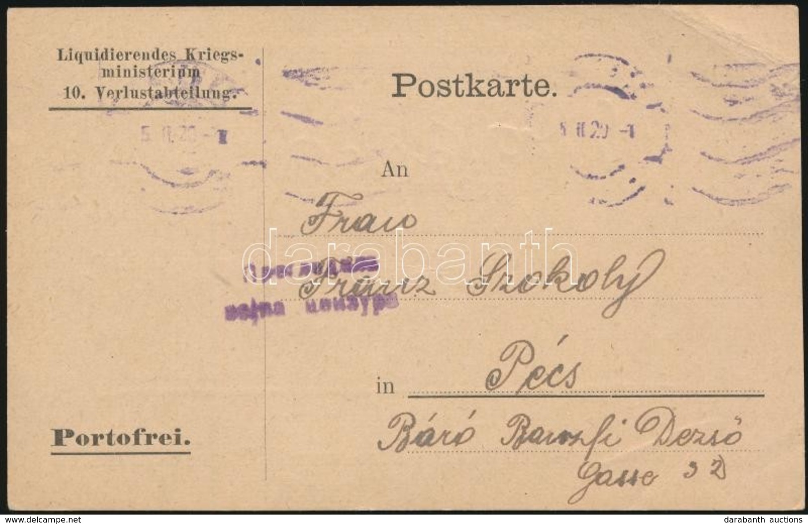 1920 Képeslap Hadifogoly ügyben Pécsre, Szerb Cenzúrával / Postcard Regarding P.O.W. From Vienna To Pécs, With Serbian C - Autres & Non Classés