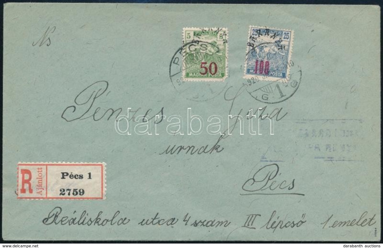 1920 Pécs Helyi Ajánlott Levél Baranya II. Bélyegekkel / Local Registered Cover. Signed: Bodor - Autres & Non Classés