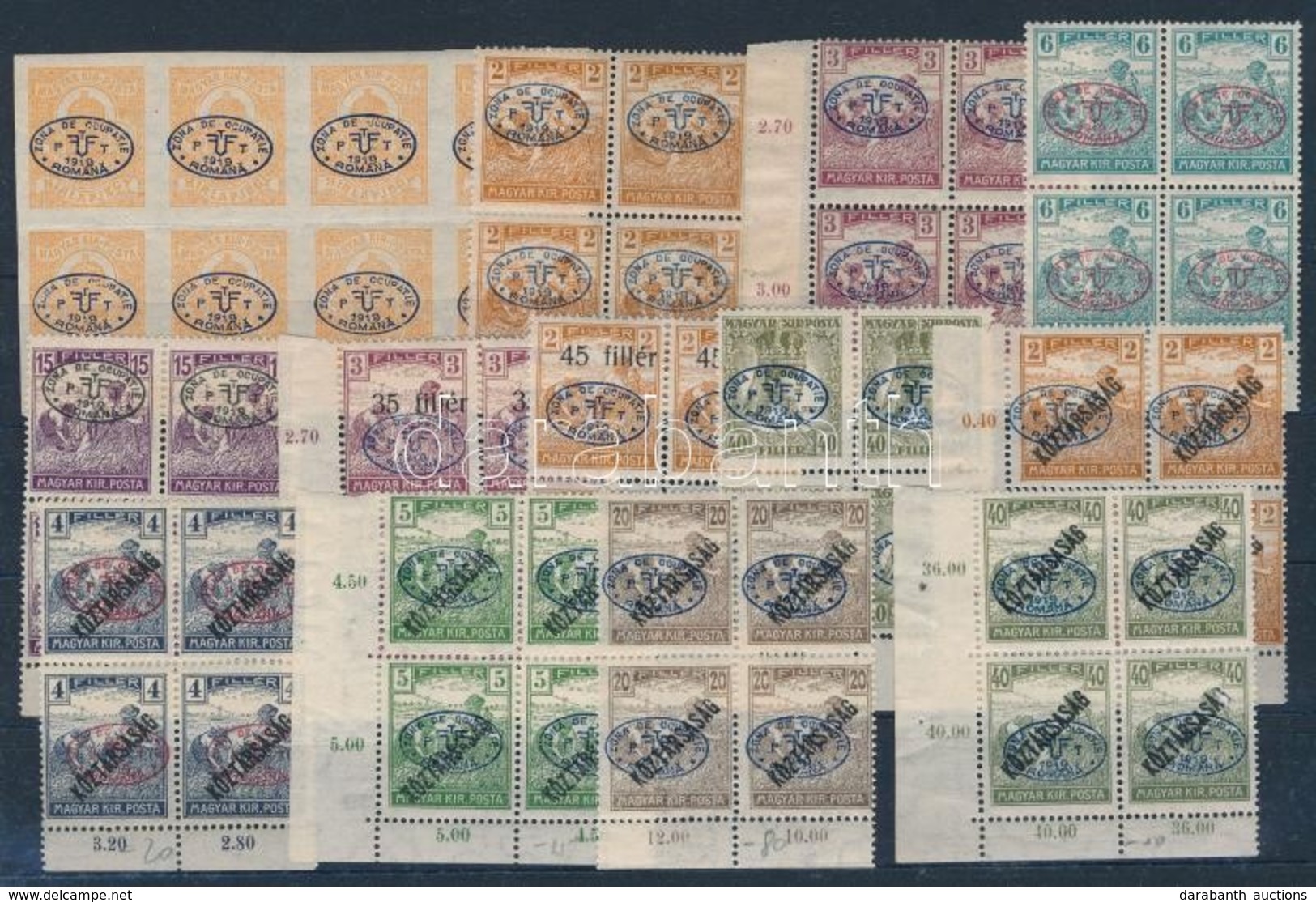 ** Debrecen I. 1919 13 Db Bélyeg ívszéli 4-es Tömbökben, Közte ívszéli összefüggések, Eltolódott Felülnyomás, Lemezhibák - Sonstige & Ohne Zuordnung