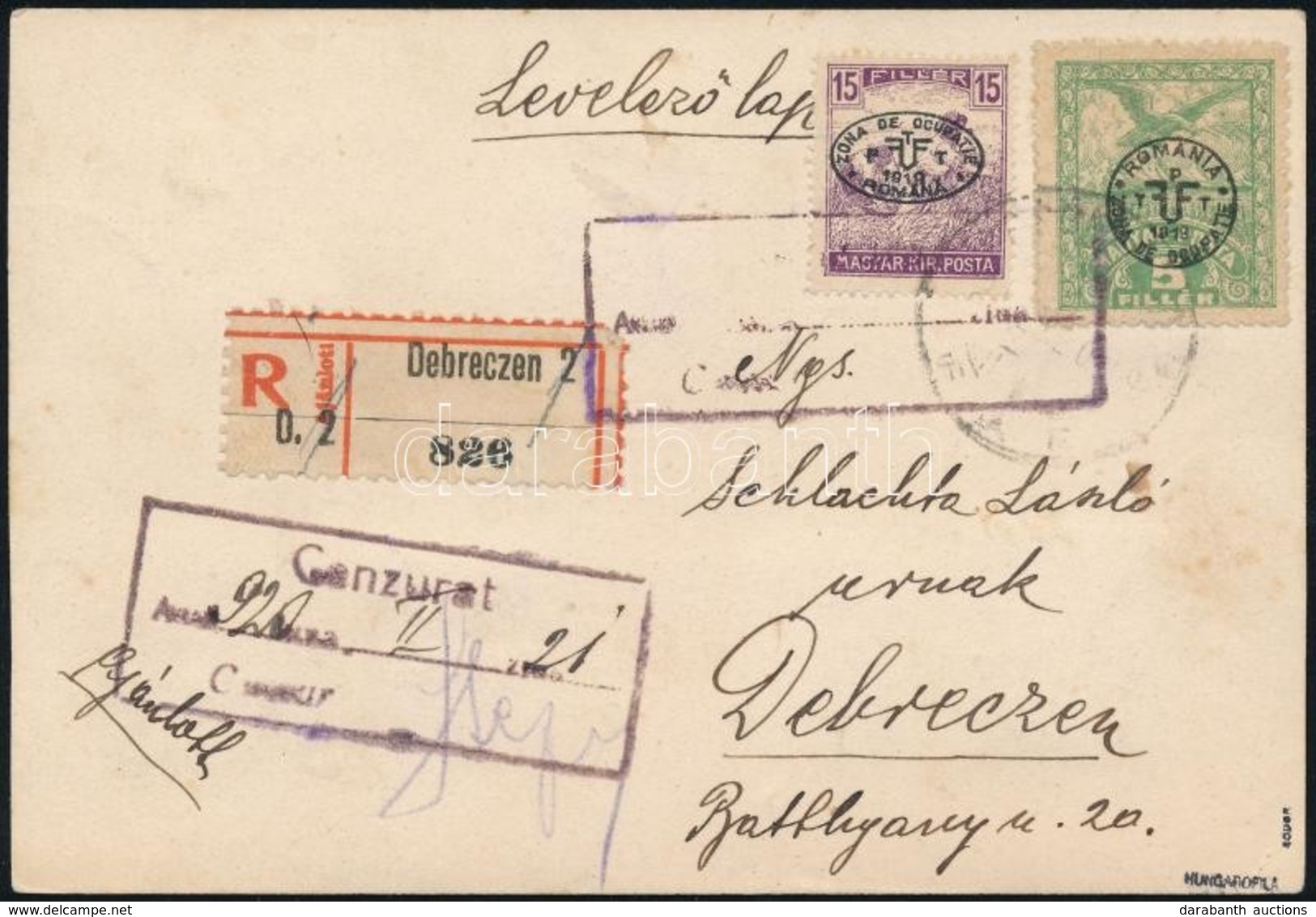 1919 Debrecen Helyi Ajánlott Cenzúrás Levelezőlap 9 Bélyeggel Bérmentesítve / Registered Local Censored Cover Signed: Bo - Sonstige & Ohne Zuordnung
