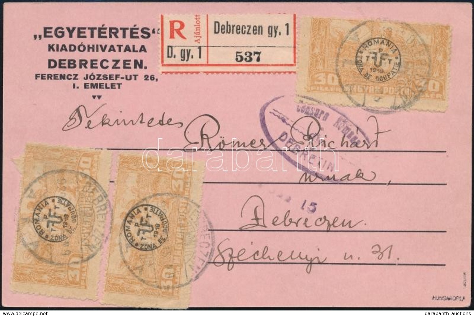 1920 Ajánlott Helyi Levelezőlap 3 X 30f Debrecen II. Bérmentesítéssel Cenzúrázva. Ritka Darab! / Registered Local Card W - Autres & Non Classés