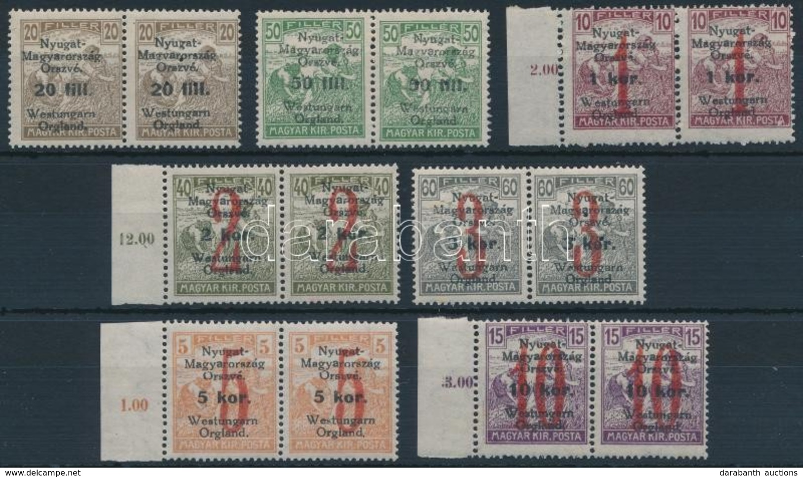 ** Nyugat-Magyarország VI. 1921 Teljes Sor Párokban, 3 érték Hármaslyukasztással / Mi 62-68 Pairs, 3 Stamps With 3-hole  - Altri & Non Classificati