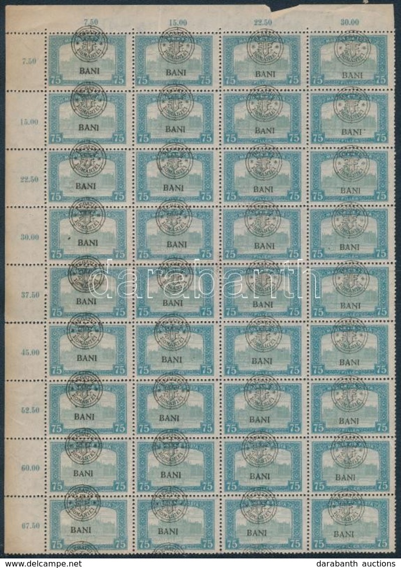 ** 1919 Parlament 75f 36-os ívdarabban Elcsúszott Felülnyomással, Lemezhibákkal / Mi 38 I. Block Of 36 With Shifted Over - Sonstige & Ohne Zuordnung