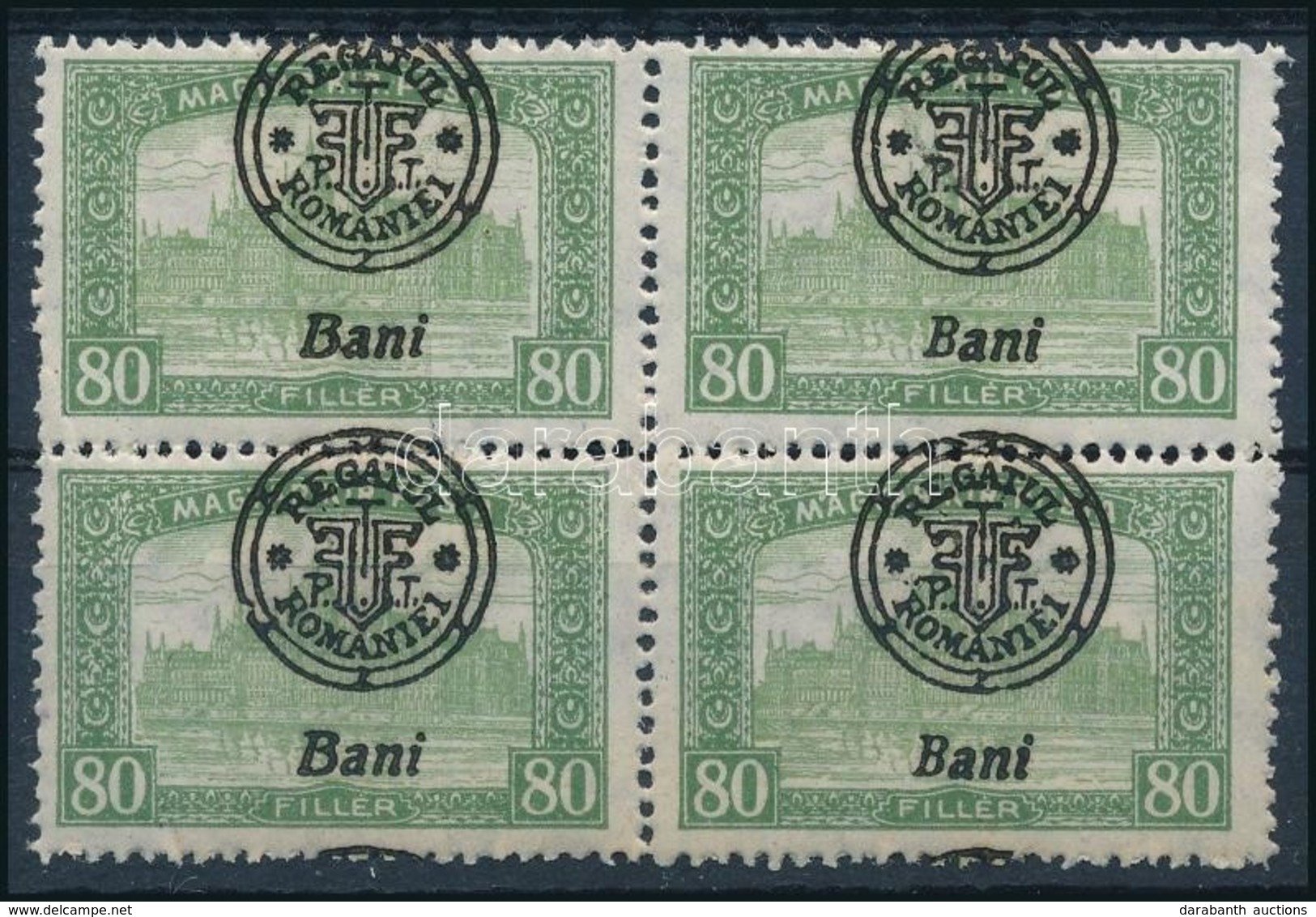 ** 1919 Parlament 80f Négyestömb, Elcsúszott Felülnyomással és Annak Gépszínátnyomatával / Mi 39 II. Block Of 4, Shifted - Sonstige & Ohne Zuordnung