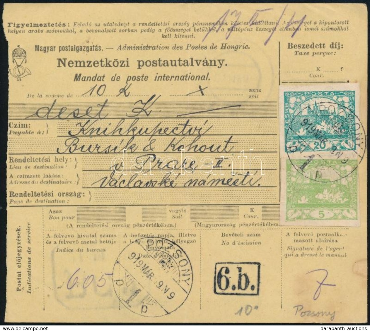 1919 Nemzetközi Postautalvány, Túlélő 'POZSONY' Bélyegzéssel / International Money Order - Autres & Non Classés