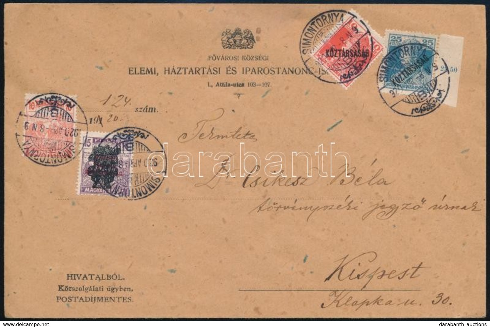 1920 Levél 4 Db Bélyeggel Bérmentesítve, Ebből 3 Felülnyomott / Cover With 4 Stamps Franking - Sonstige & Ohne Zuordnung