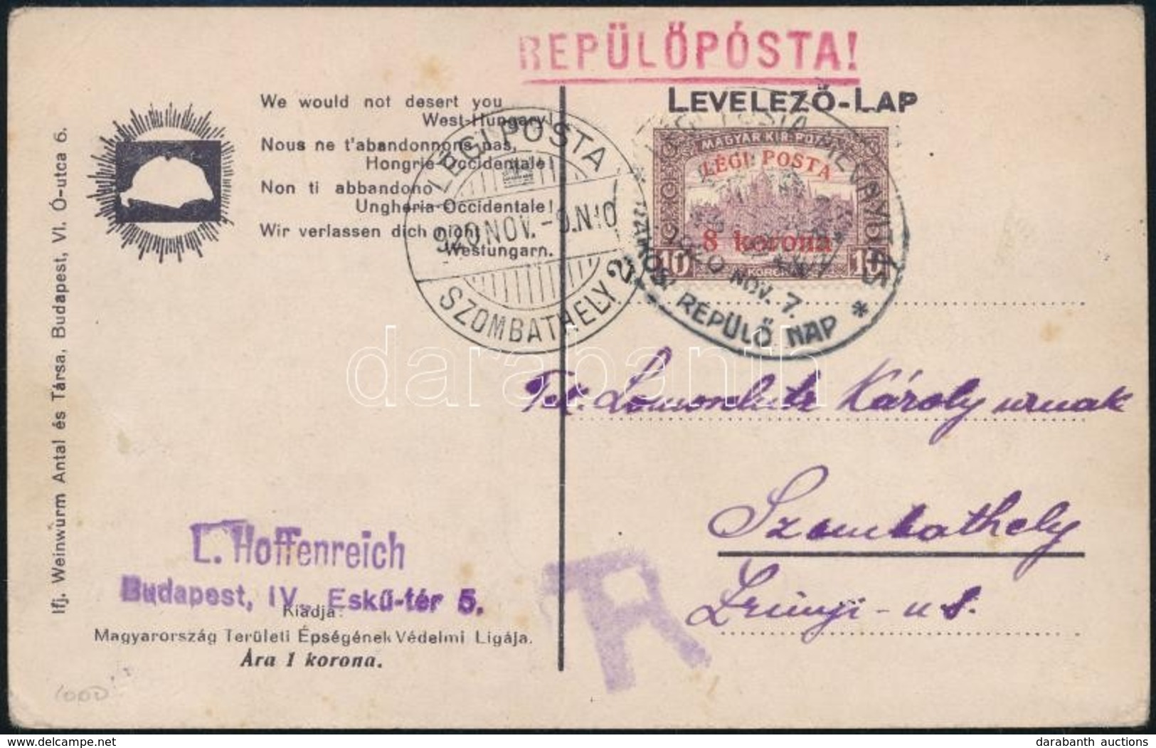 1920 Elsőnapi Légi Képeslap / First Day Airmail Card - Altri & Non Classificati