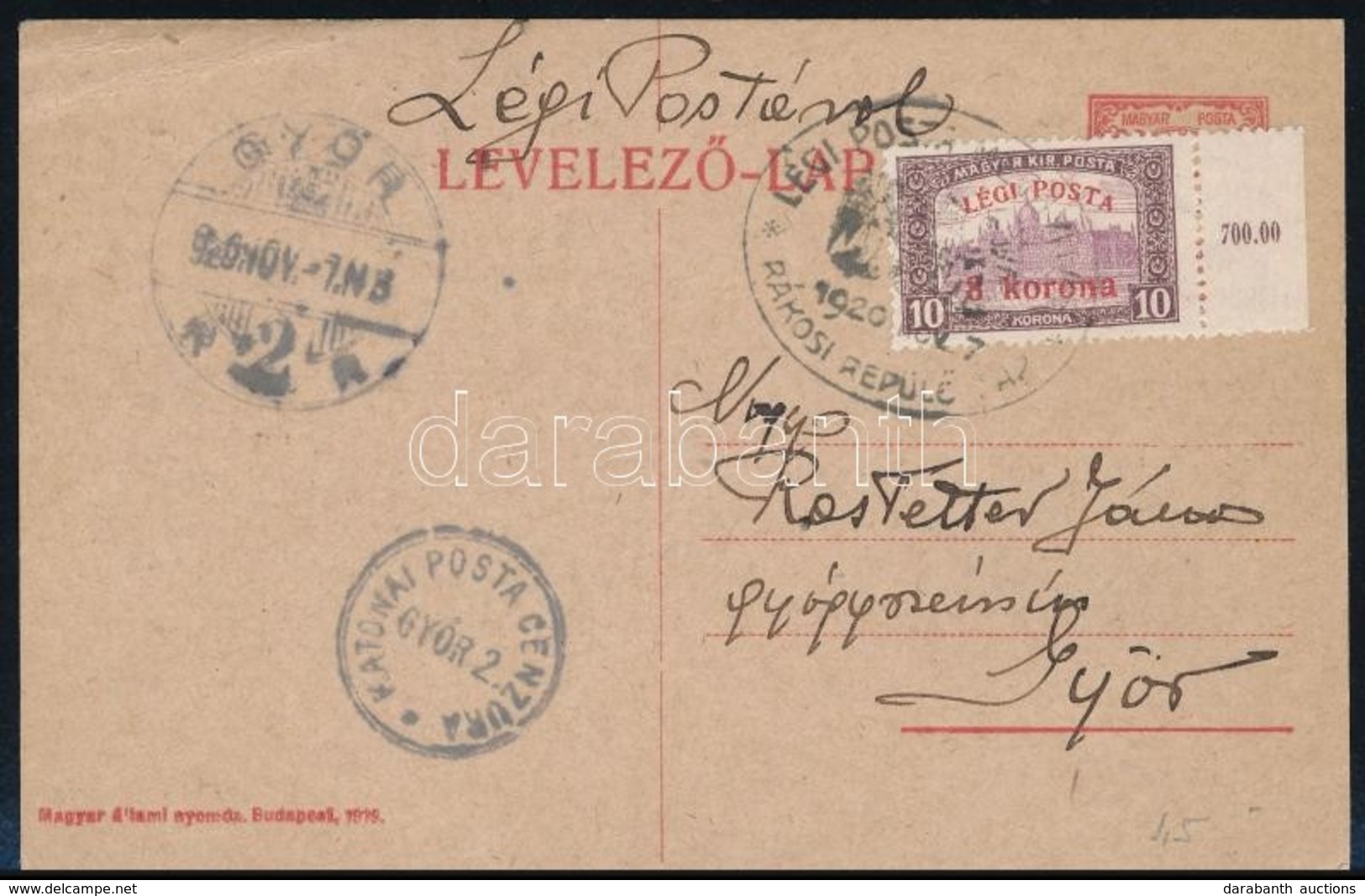 1920 Elsőnapi Cenzúrás Légi Levelezőlap Légi Posta 3K/10K Bélyeggel Győrbe / First Say Airmail Postcard - Autres & Non Classés