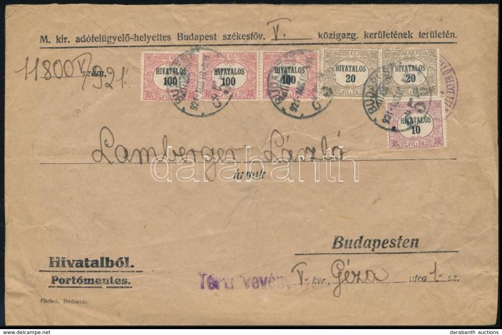 1921 Hivatalos Helyi Tértivevényes Levél 3,50K Bérmentesítéssel / Official Local Cover With Recorded Delivery - Sonstige & Ohne Zuordnung