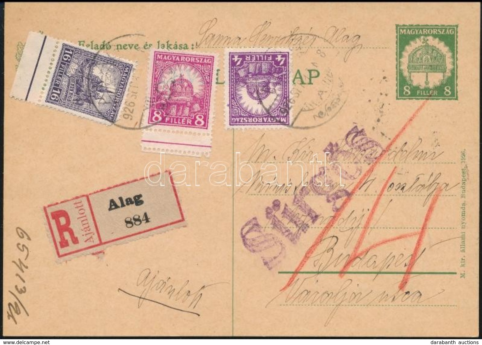 1926 Ajánlott, Sürgős Díjjegyes Levelezőlap, Rajta 8f + 16f Kettős Fogazással, Alagról Budapestre / Registered PS-card W - Sonstige & Ohne Zuordnung