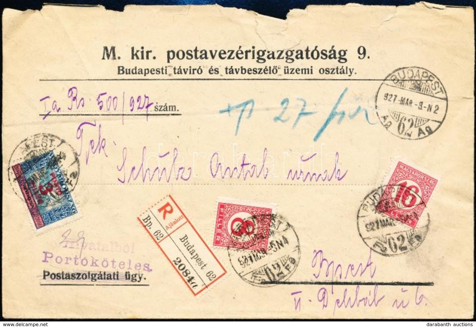 1927 Budapest Helyi Ajánlott Levél Portóköteles, Vegyes Portózással / Registered Local Cover With Postage Due - Altri & Non Classificati