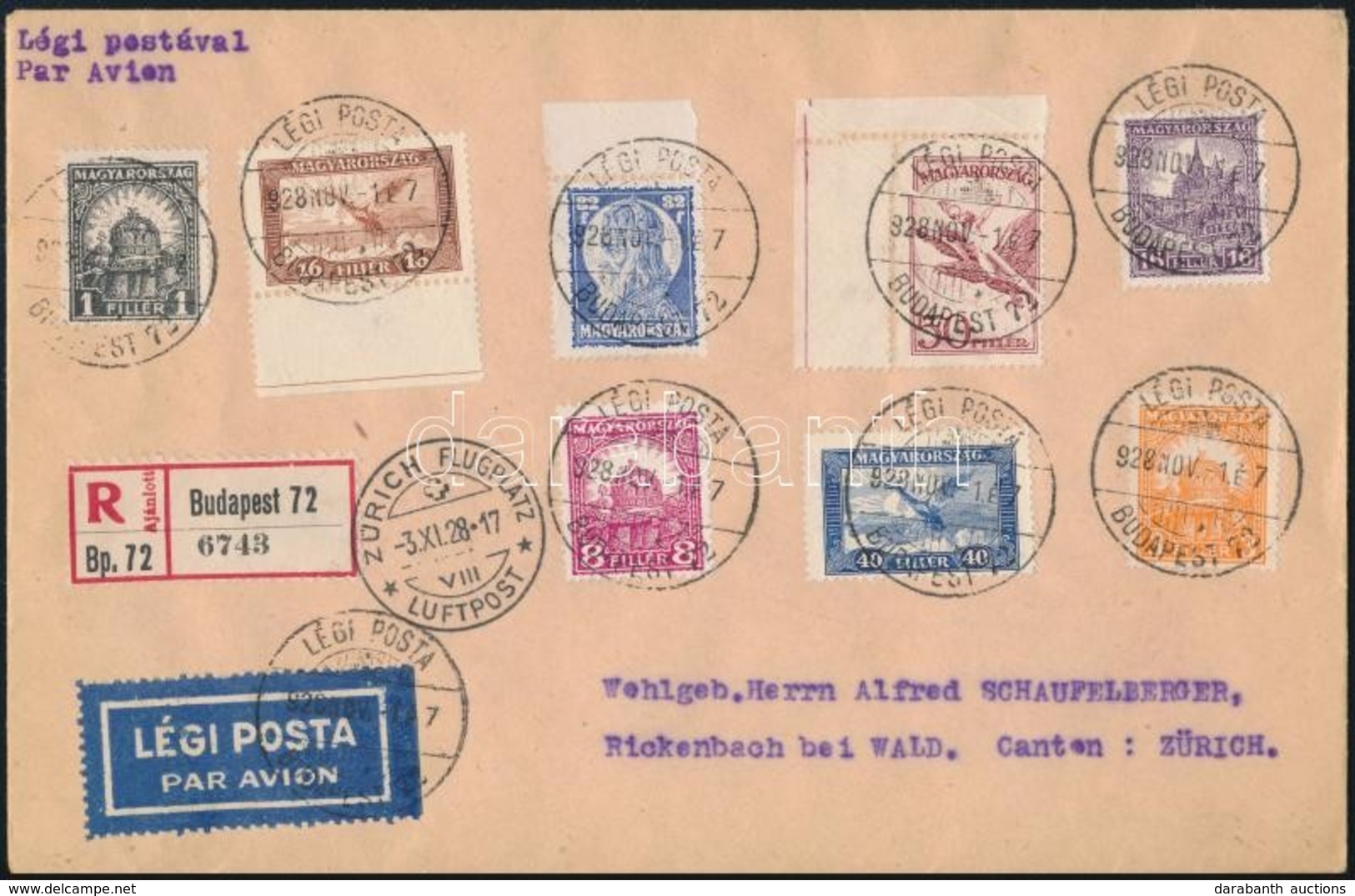 1928 Ajánlott Légi Levél Svájcba Rajta Repülő 50f Papírráncos Bélyeg / Registered Airmail Cover To Switzerland With Mi 4 - Sonstige & Ohne Zuordnung