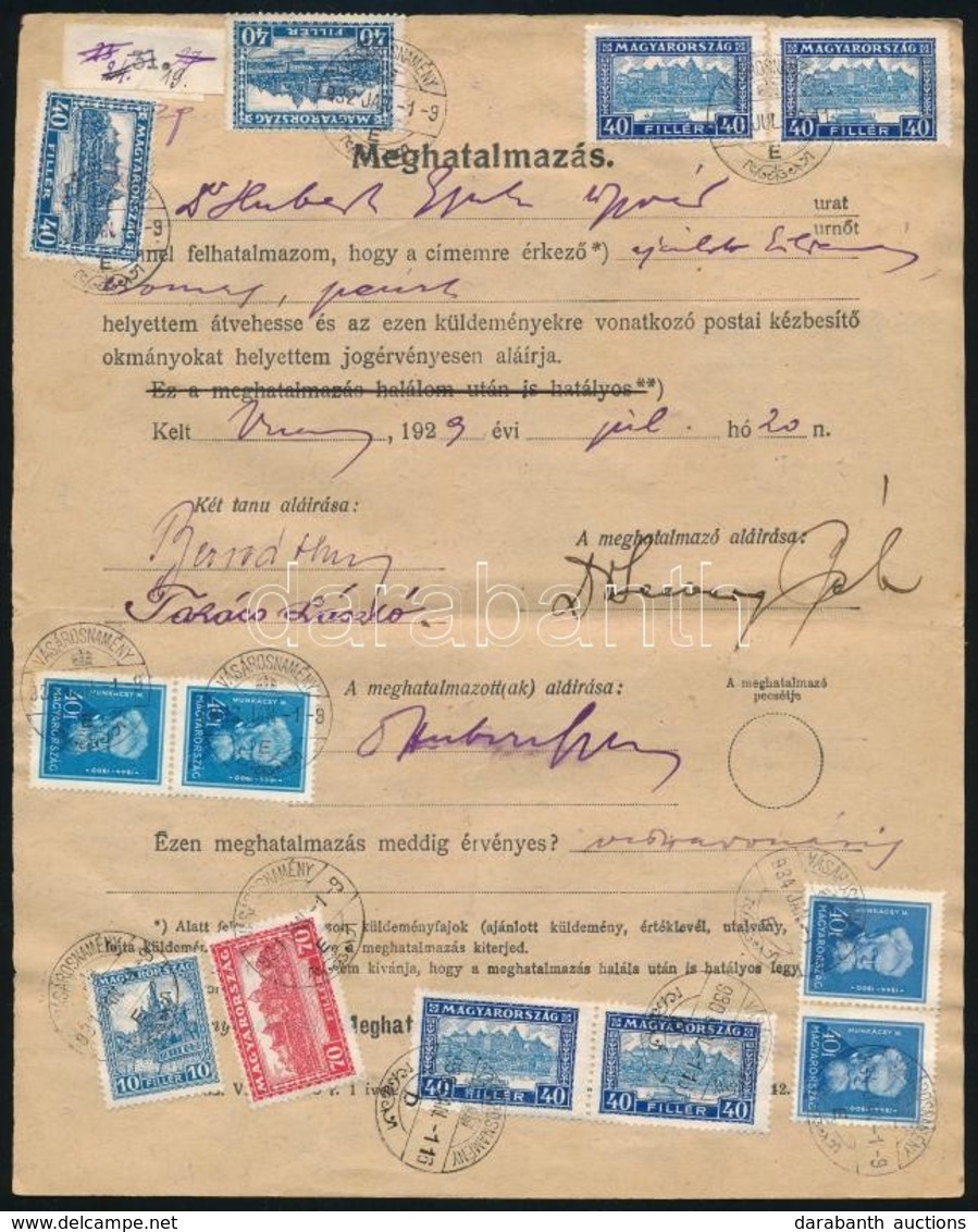 1929-1938 Meghatalmazás Pengő-fillér és Arcképek Bélyegekkel (10 évig) / Authorisation Form With 20 Stamps - Altri & Non Classificati