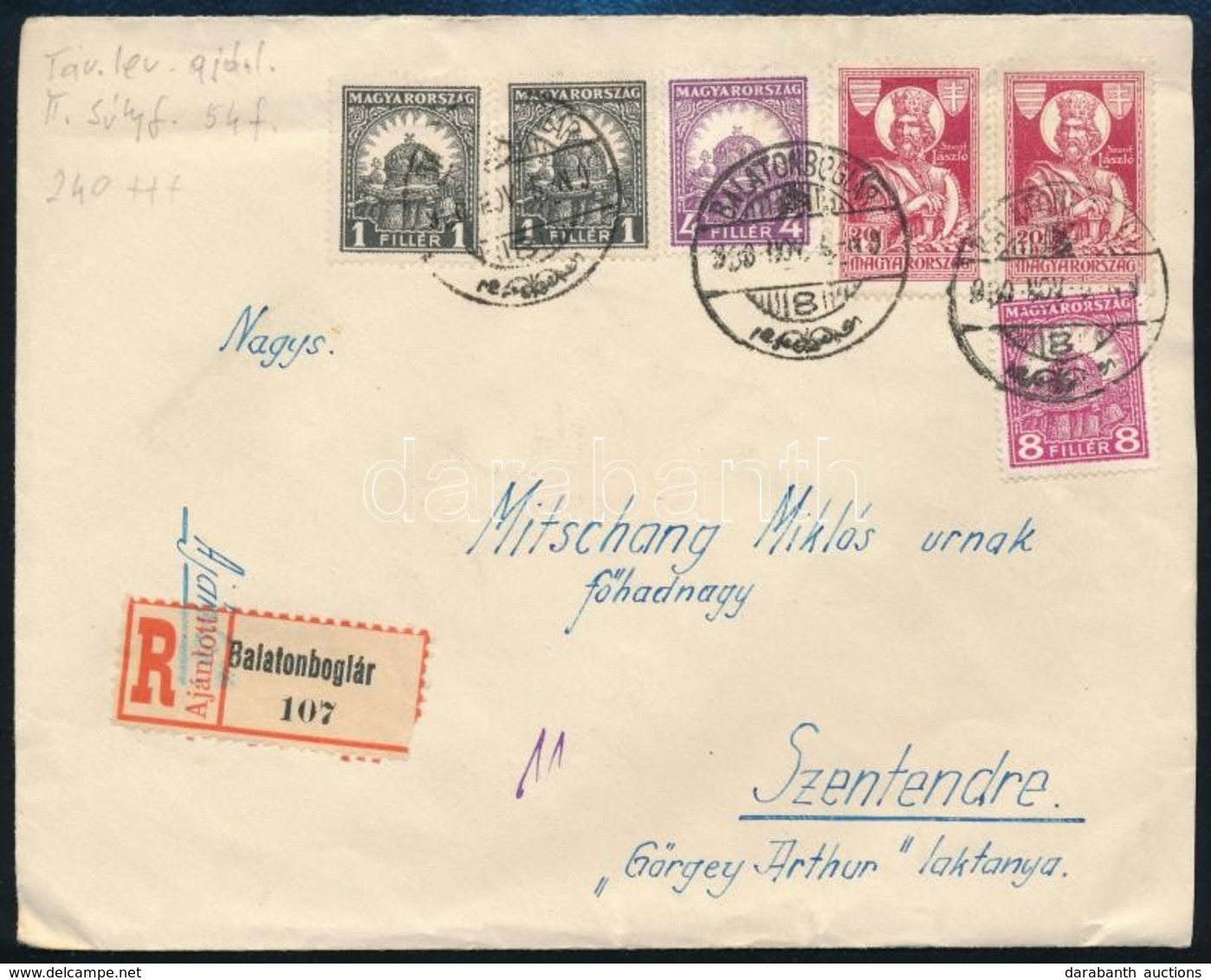 1930 Ajánlott Levél 6 Bélyeges Bérmentesítéssel / Registered Cover 'BALATONBOGLÁR' - Szentendre - Sonstige & Ohne Zuordnung